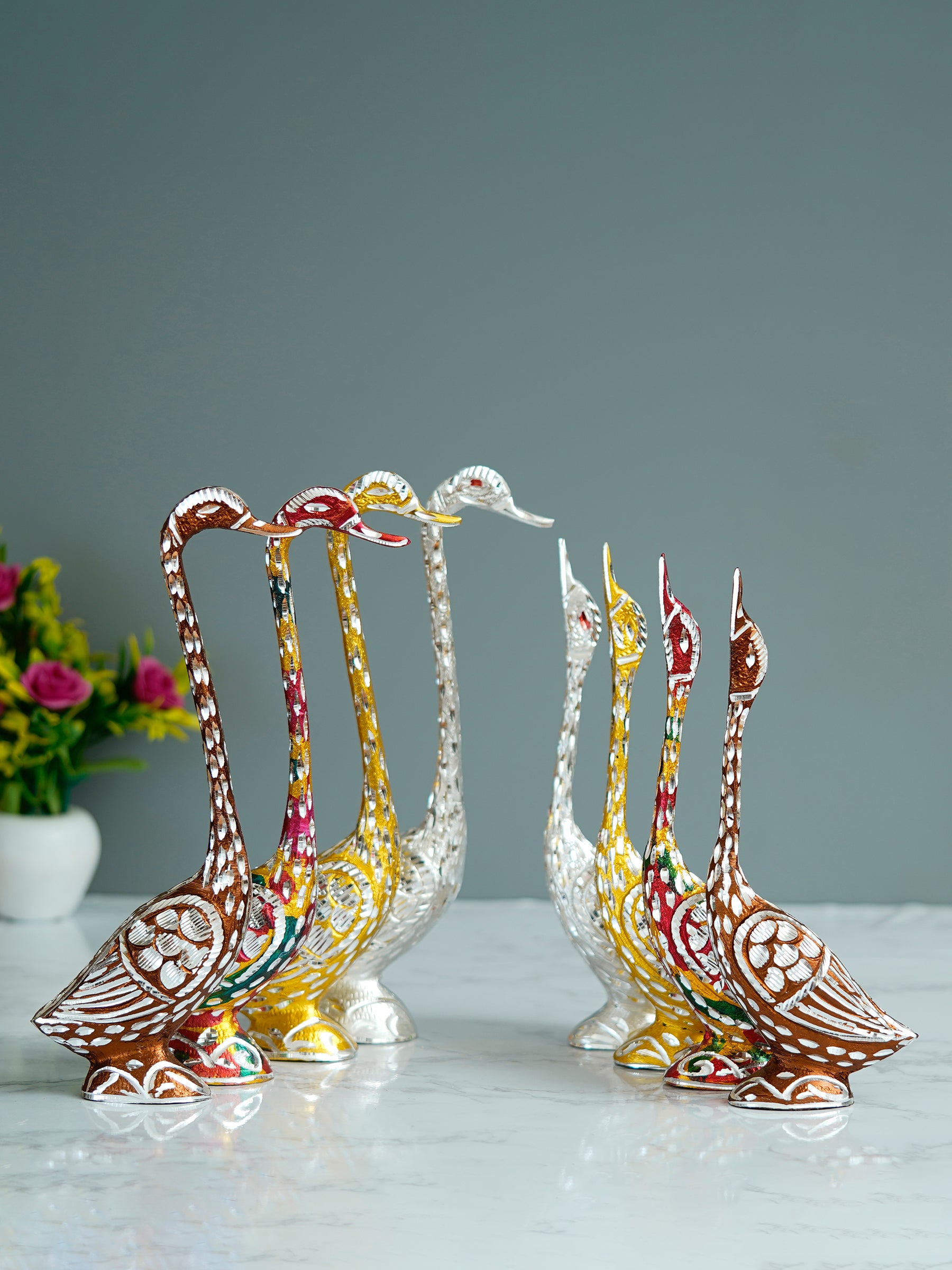 eCraftIndia Set of Four Kissing Swan Couple Handcrafted Decorative showpiece(Colorful, Golden, Silver,Brown) 1