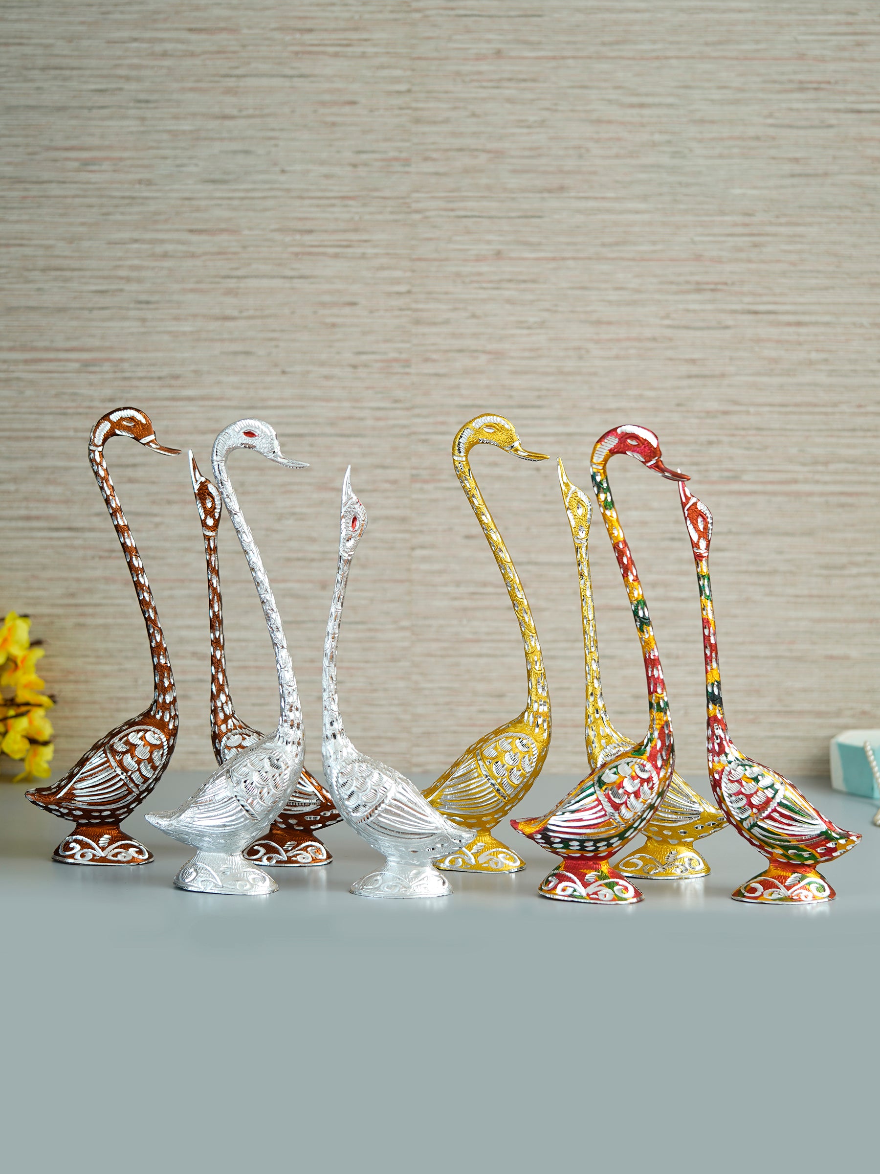 Set of Four Kissing Swan Couple Handcrafted Decorative showpieces(Colorful, Golden, Silver,Brown)
