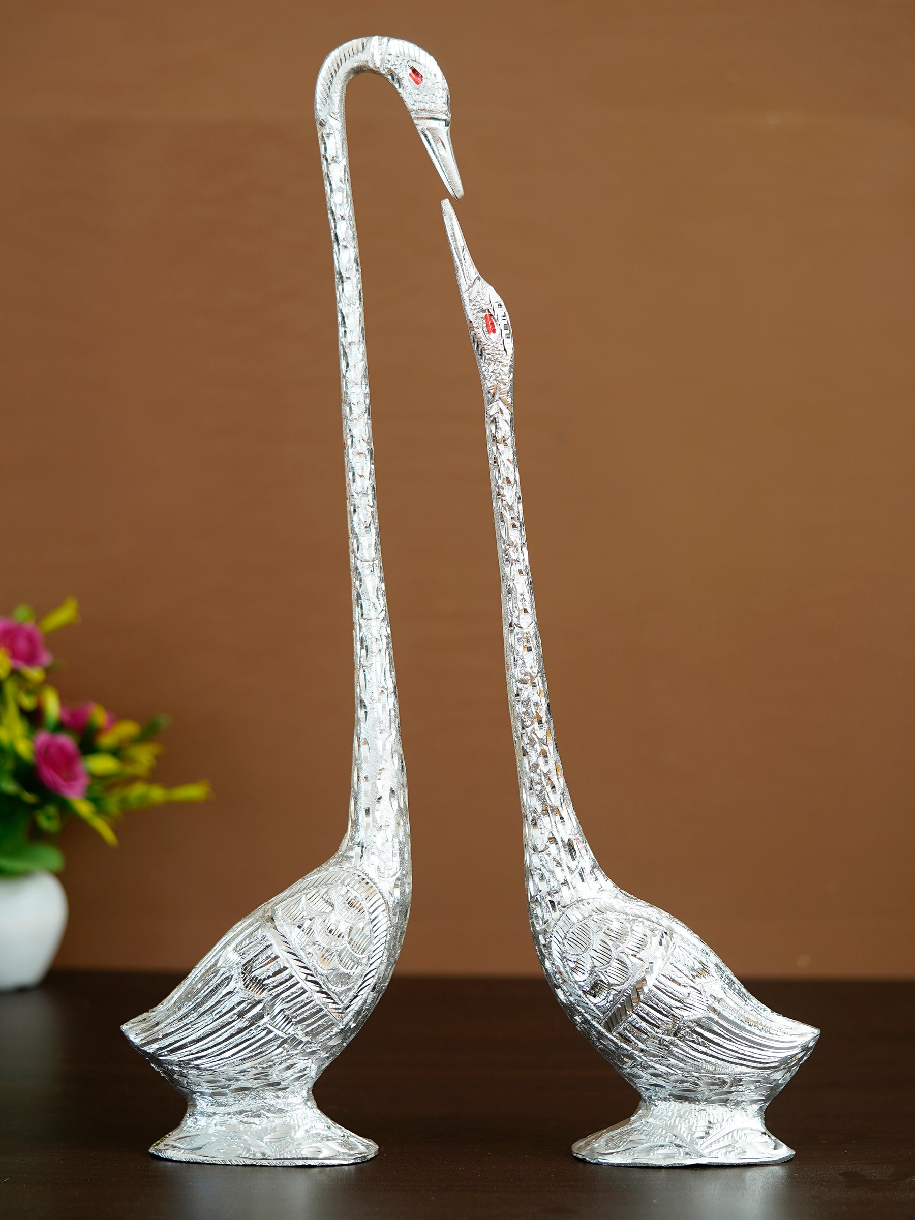 Silver Metal Kissing Swan Couple Handcrafted Decorative showpiece Bird Figurine Set