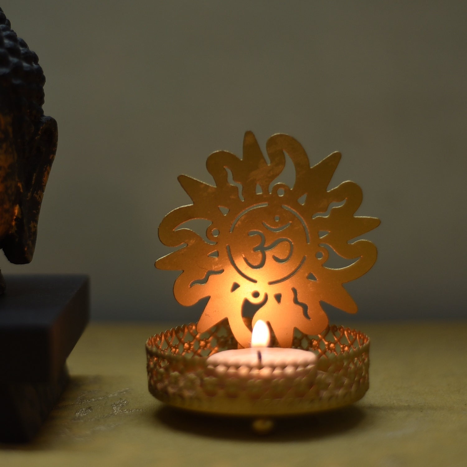 Golden Om Shadow Tea Light Candle Holder