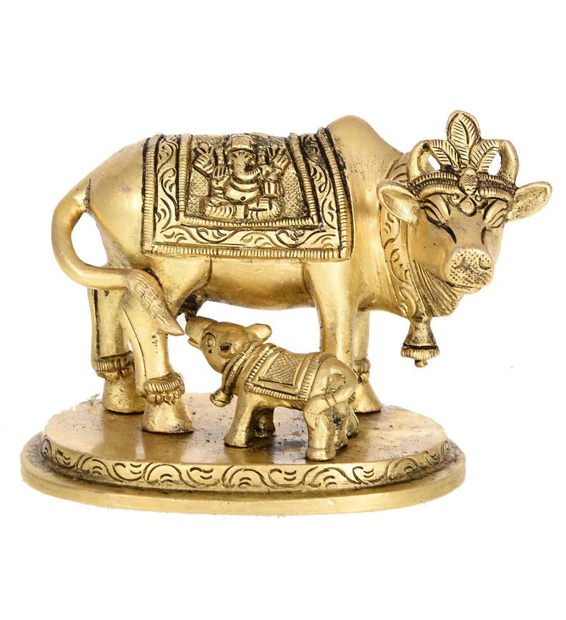 Golden Brass Holy Kamdhenu Cow and Calf Statue