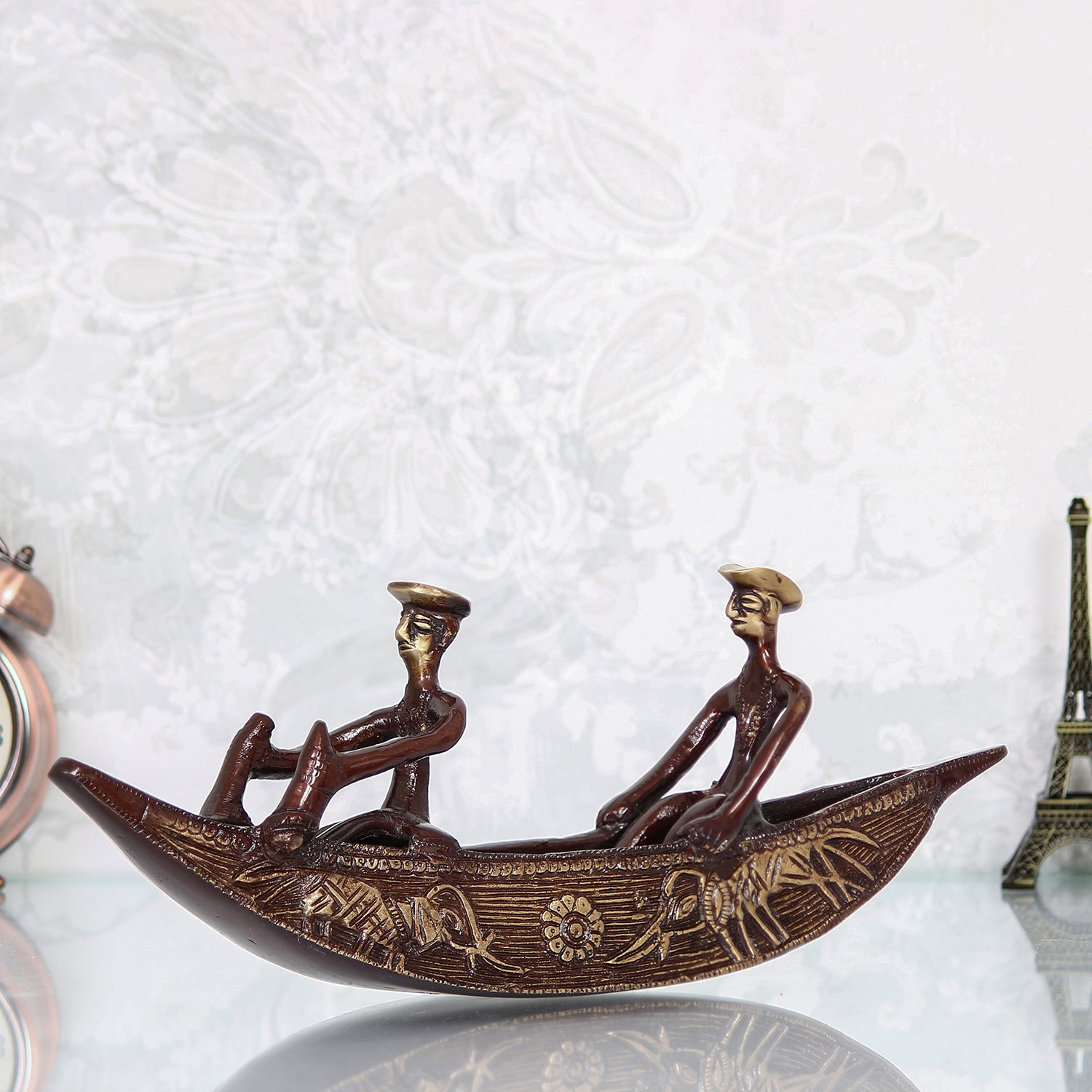 Brown Brass Antique Finish 2 Men in Boat Decorative Showpiece 1
