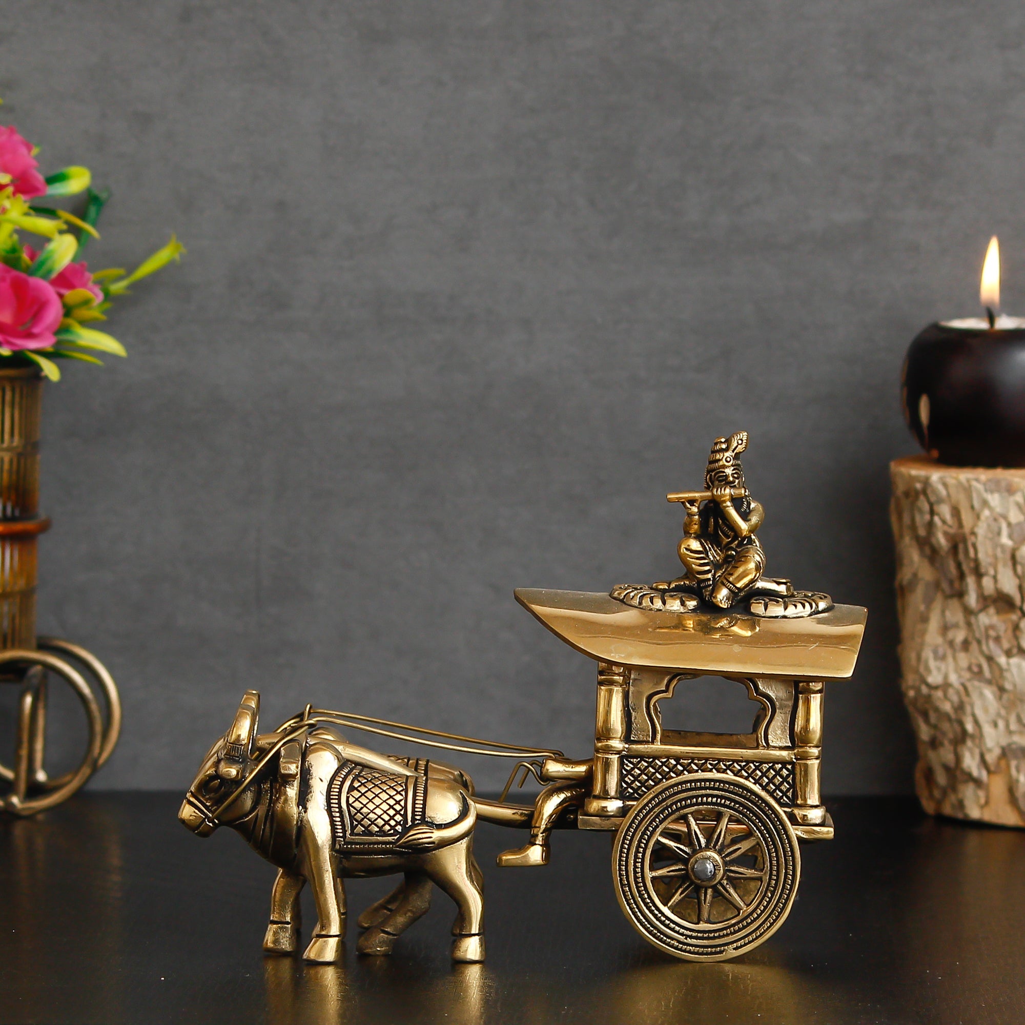 Golden Brass Lord Krishna Idol Sitting In Bullock Cart Showpiece 1