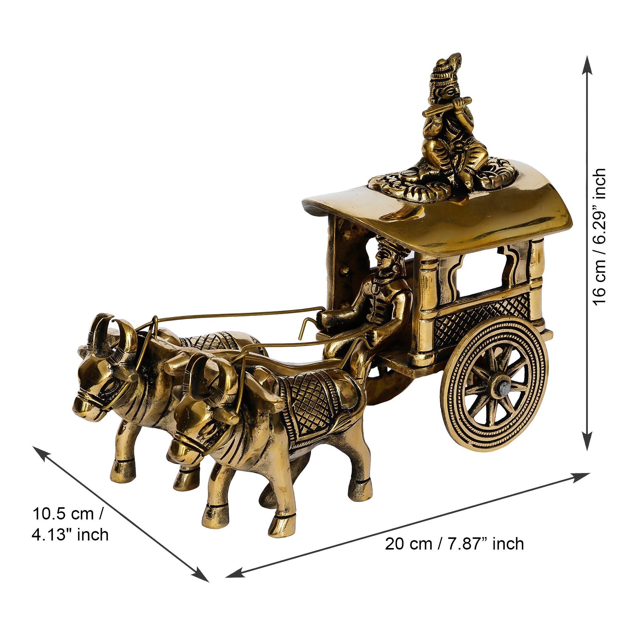 Golden Brass Lord Krishna Idol Sitting In Bullock Cart Showpiece 3