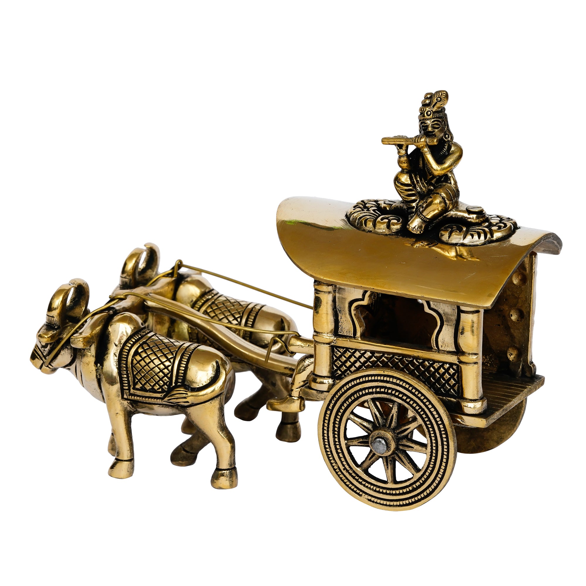 Golden Brass Lord Krishna Idol Sitting In Bullock Cart Showpiece 5