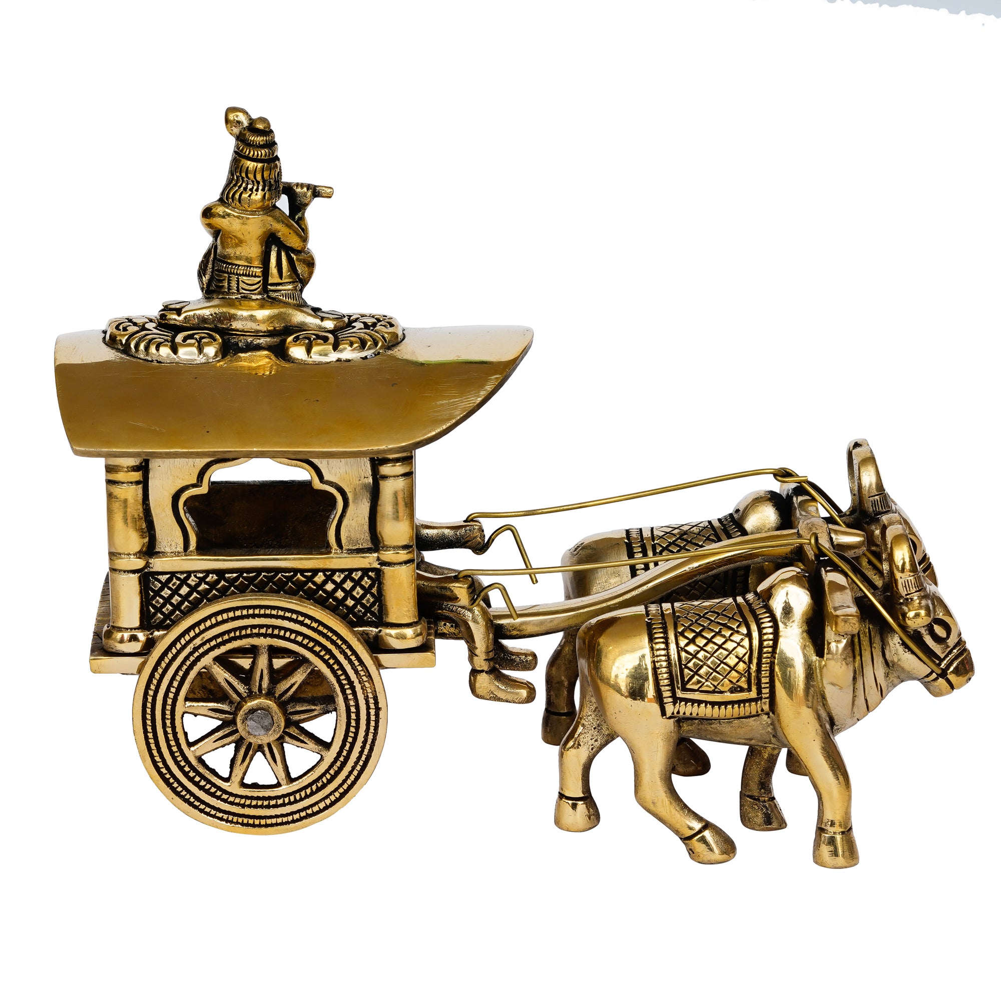 Golden Brass Lord Krishna Idol Sitting In Bullock Cart Showpiece 6