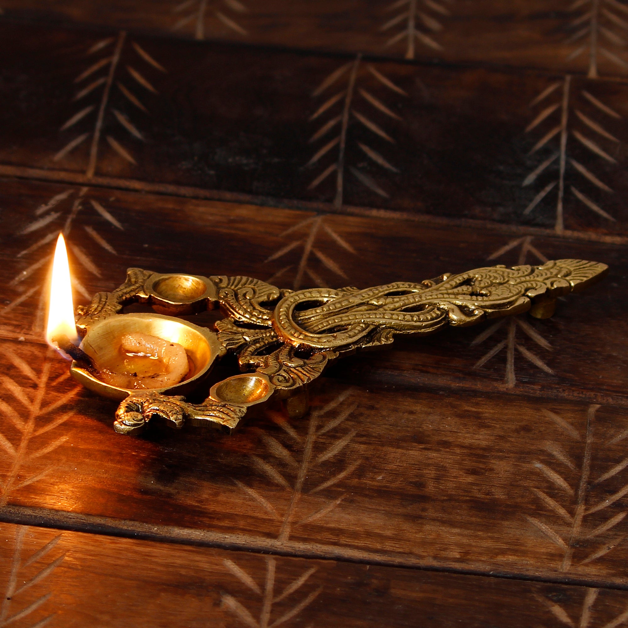 Golden Ethnic Carved Brass Diya With Handle For Pooja Room And Temples 1