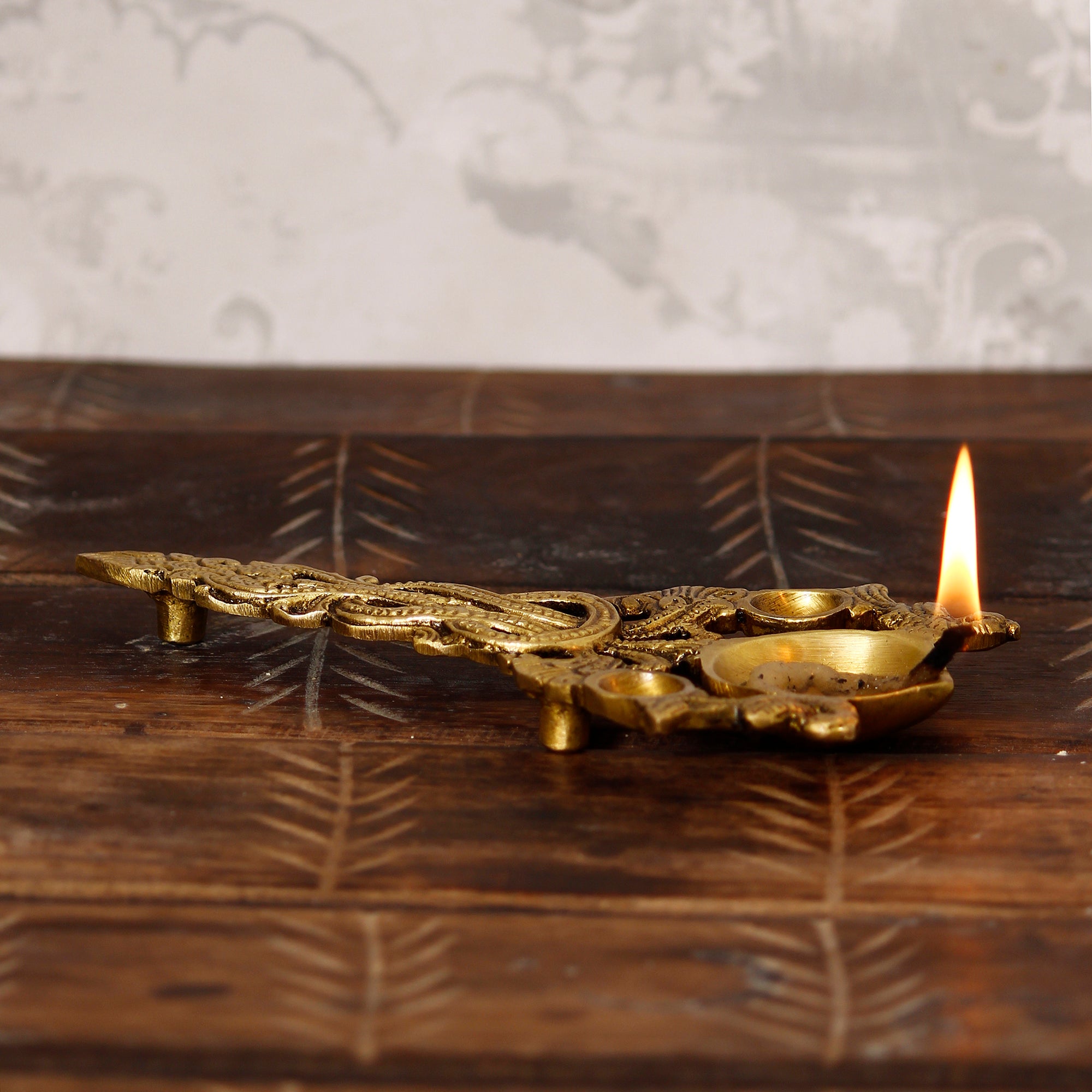 Golden Ethnic Carved Brass Diya With Handle For Pooja Room And Temples 3