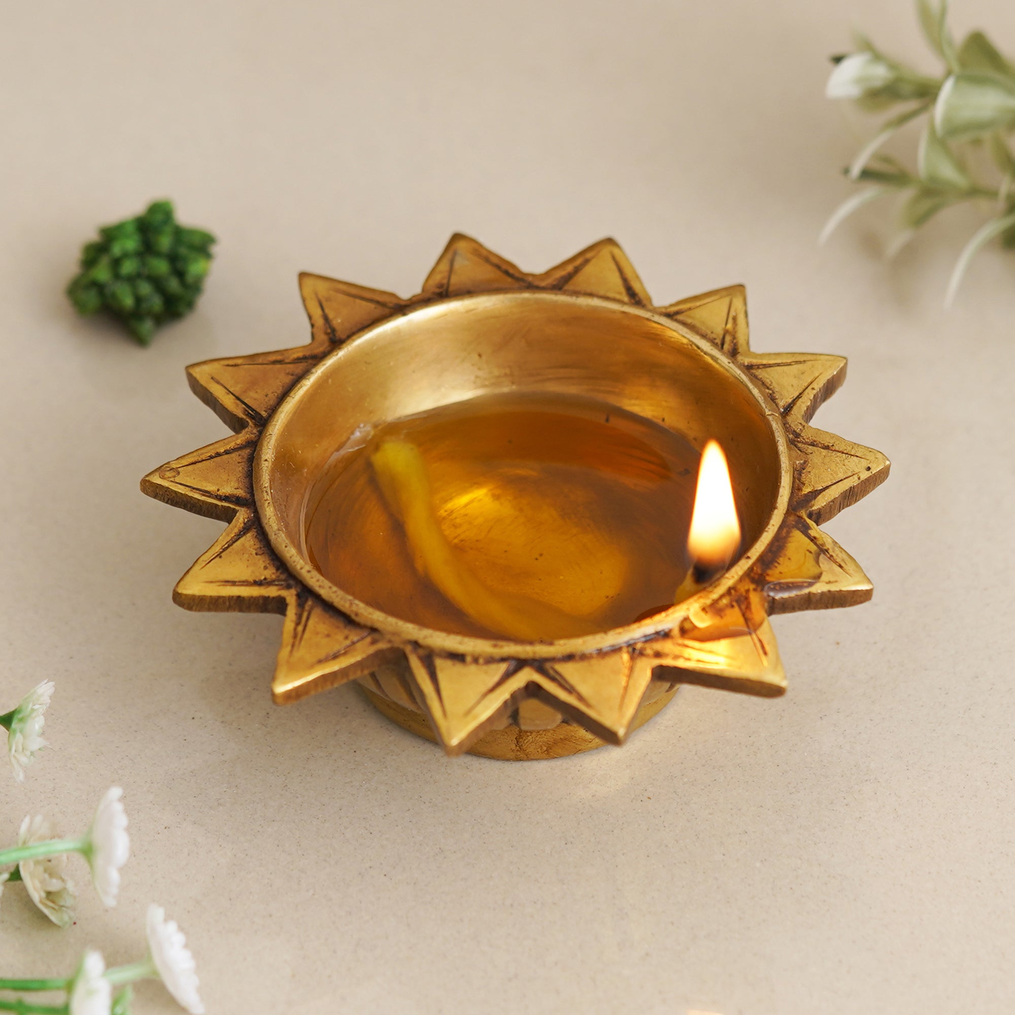 eCraftIndia Golden Sun Shaped Decorative Brass Diya 1
