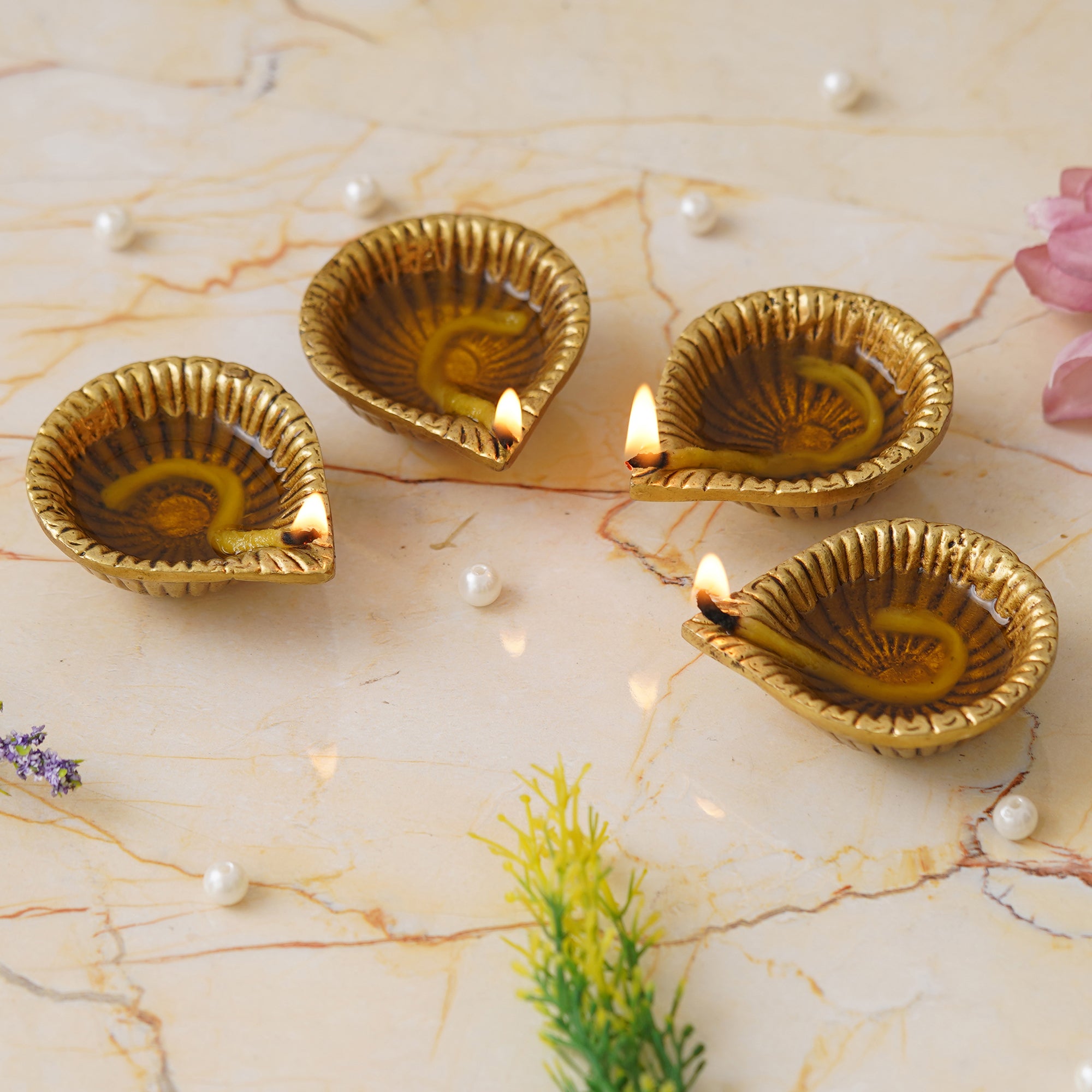 eCraftIndia Set of 4 Golden Handcrafted Decorative Brass Diyas 4