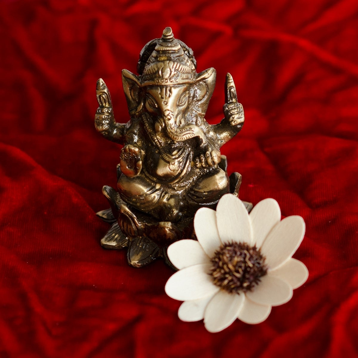 Antique Finish Brass Lord Ganesha Idol On Lotus Flower