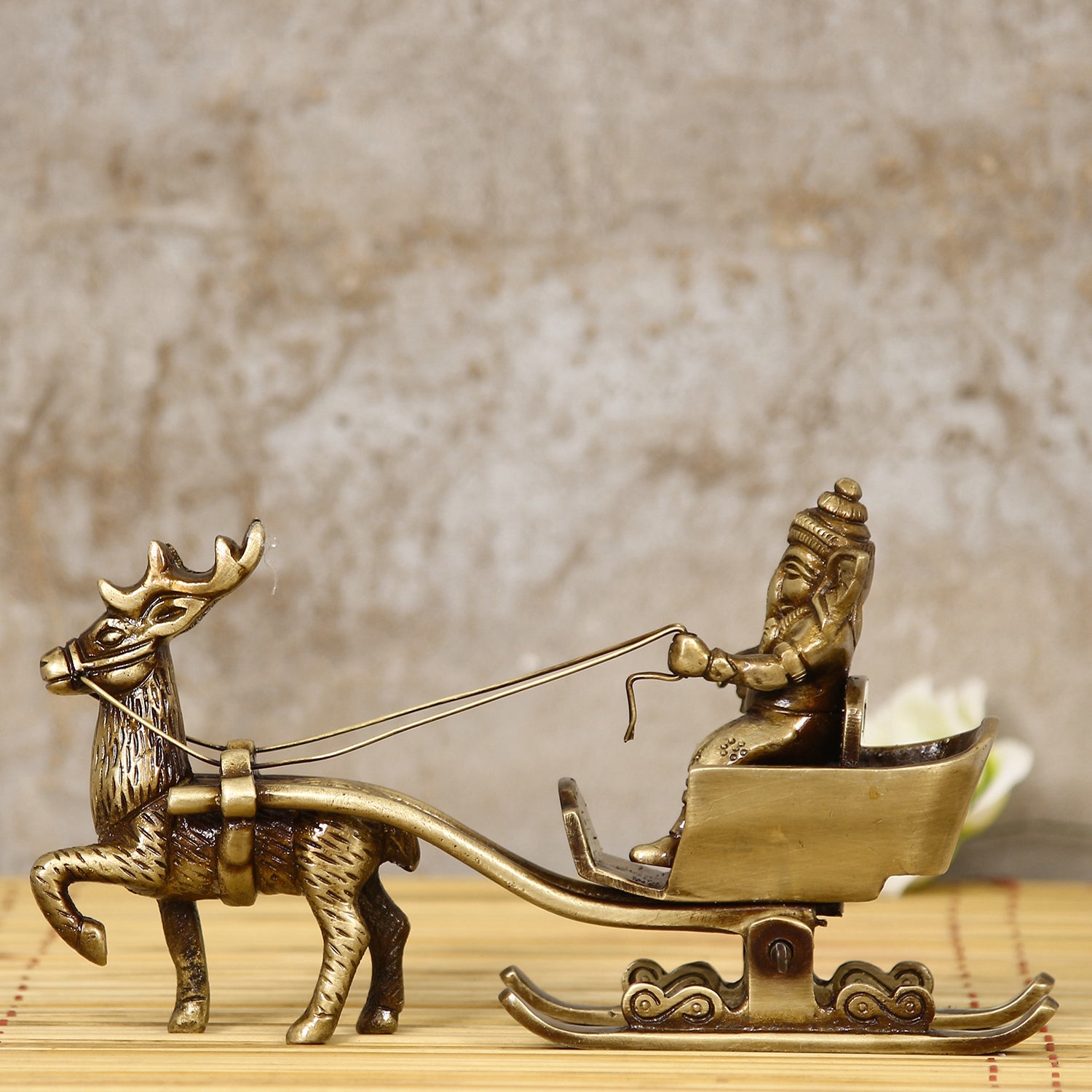 Gold Brass Ganesha Enjoying Ride With Deer Cart Decorative Showpiece 1