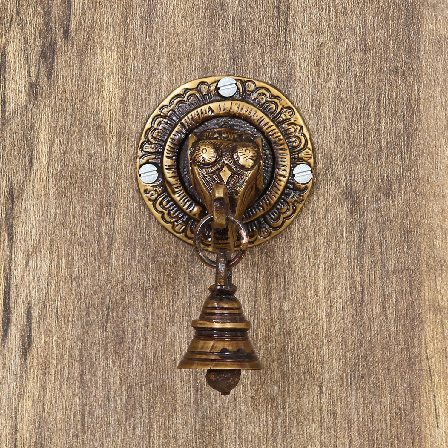 Brown Brass Elephant Face wall Hanging with Bell Decorative Showpiece 1