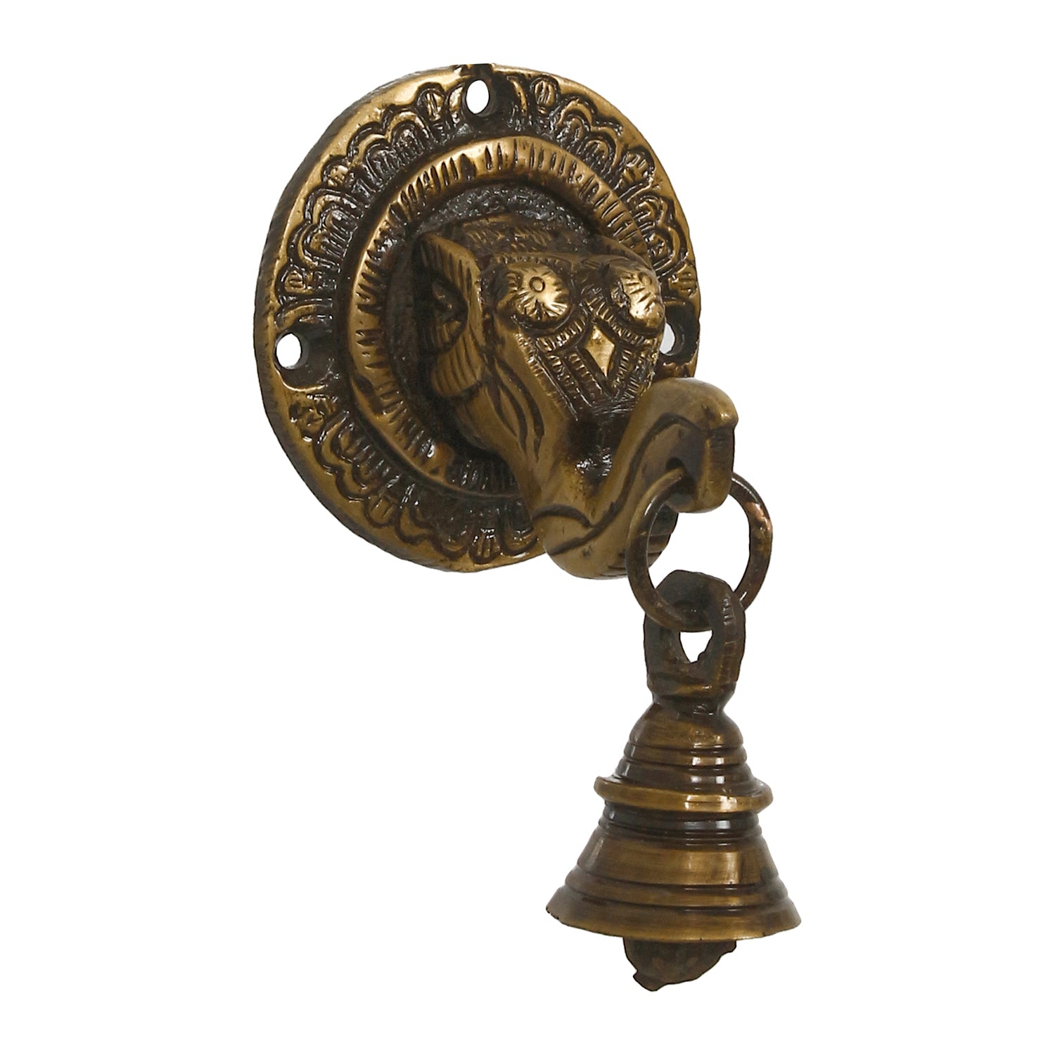 Brown Brass Elephant Face wall Hanging with Bell Decorative Showpiece 2