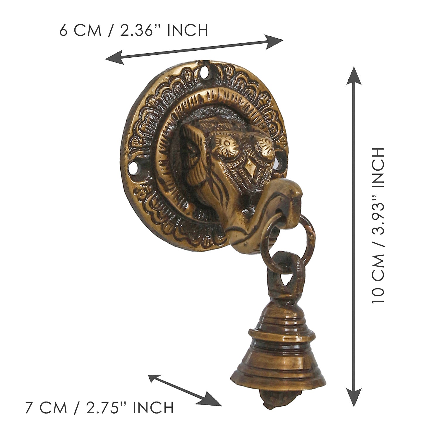 Brown Brass Elephant Face wall Hanging with Bell Decorative Showpiece 3