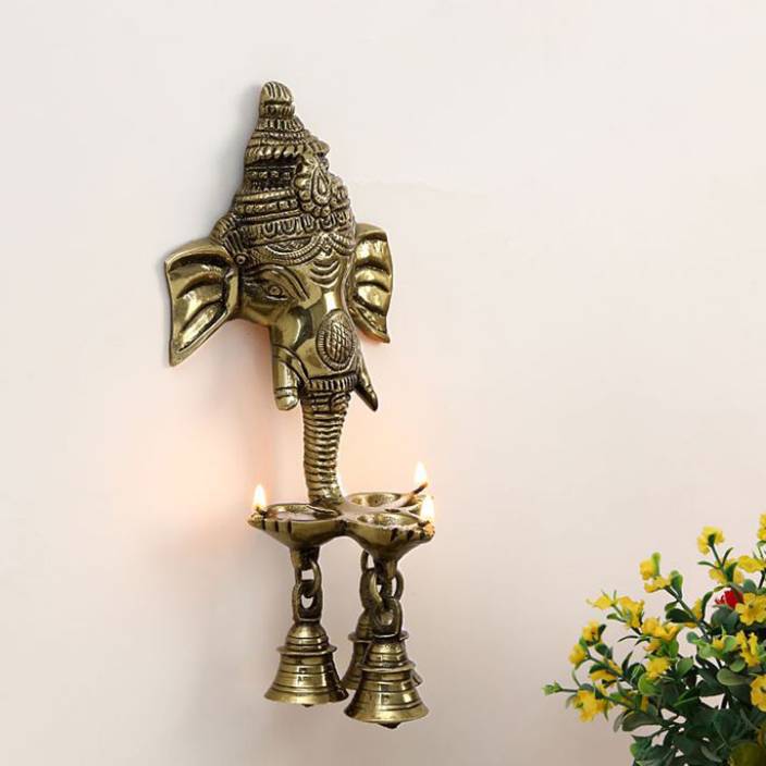 Golden Brass Ganesha Wall Hanging Diya with with Three Wicks and Bells 1