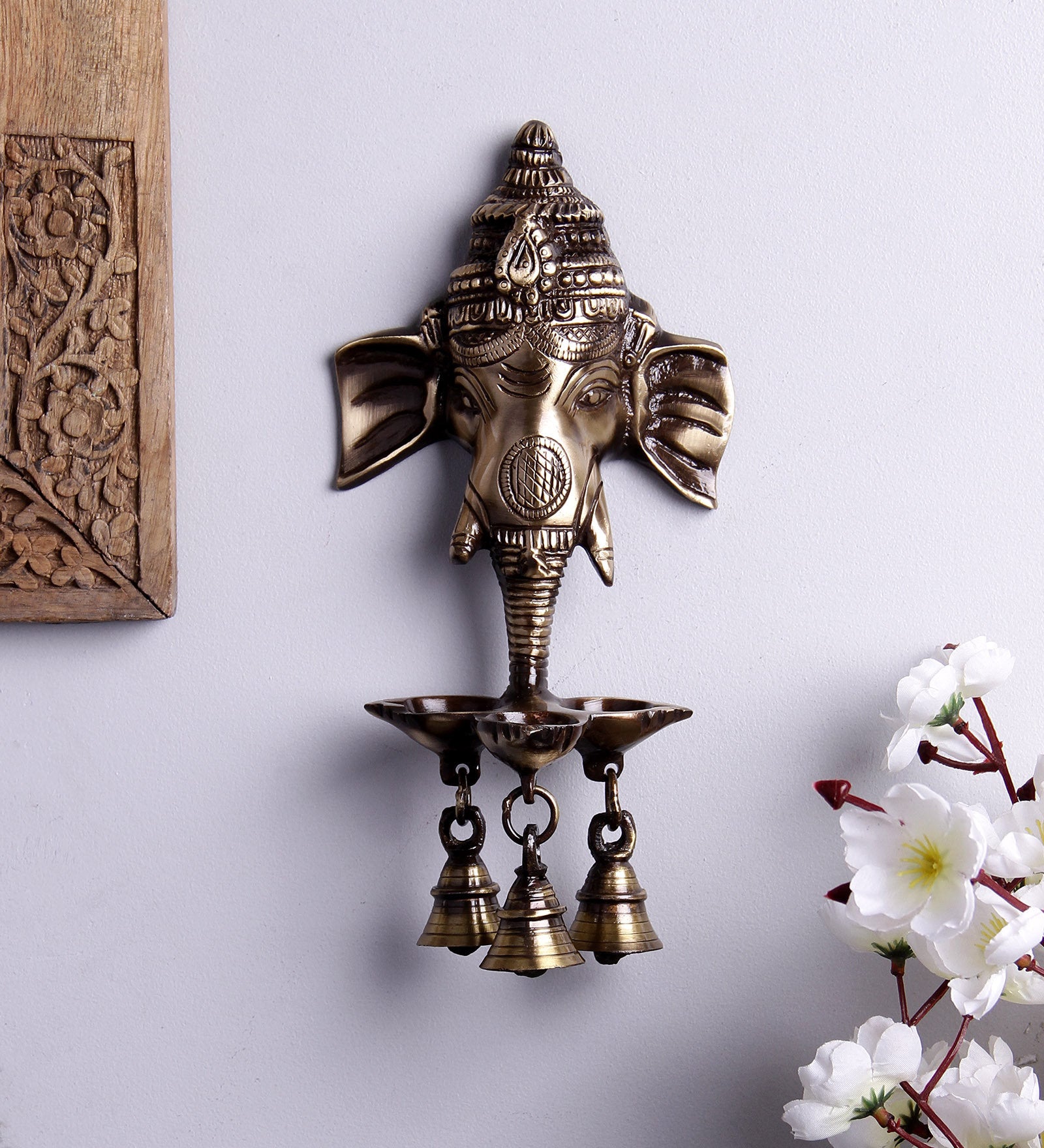 Golden Brass Ganesha Wall Hanging Diya with with Three Wicks and Bells
