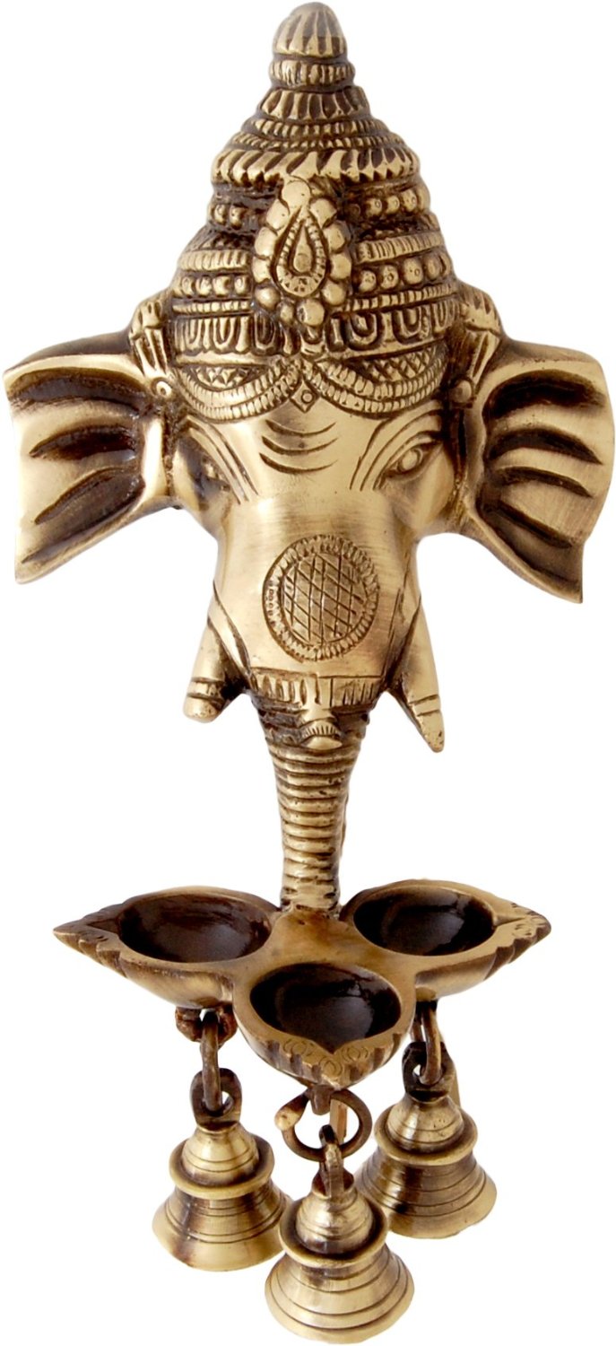Golden Brass Ganesha Wall Hanging Diya with with Three Wicks and Bells 2