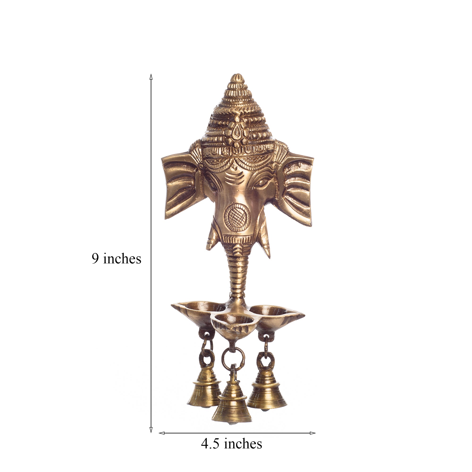 Golden Brass Ganesha Wall Hanging Diya with with Three Wicks and Bells 3