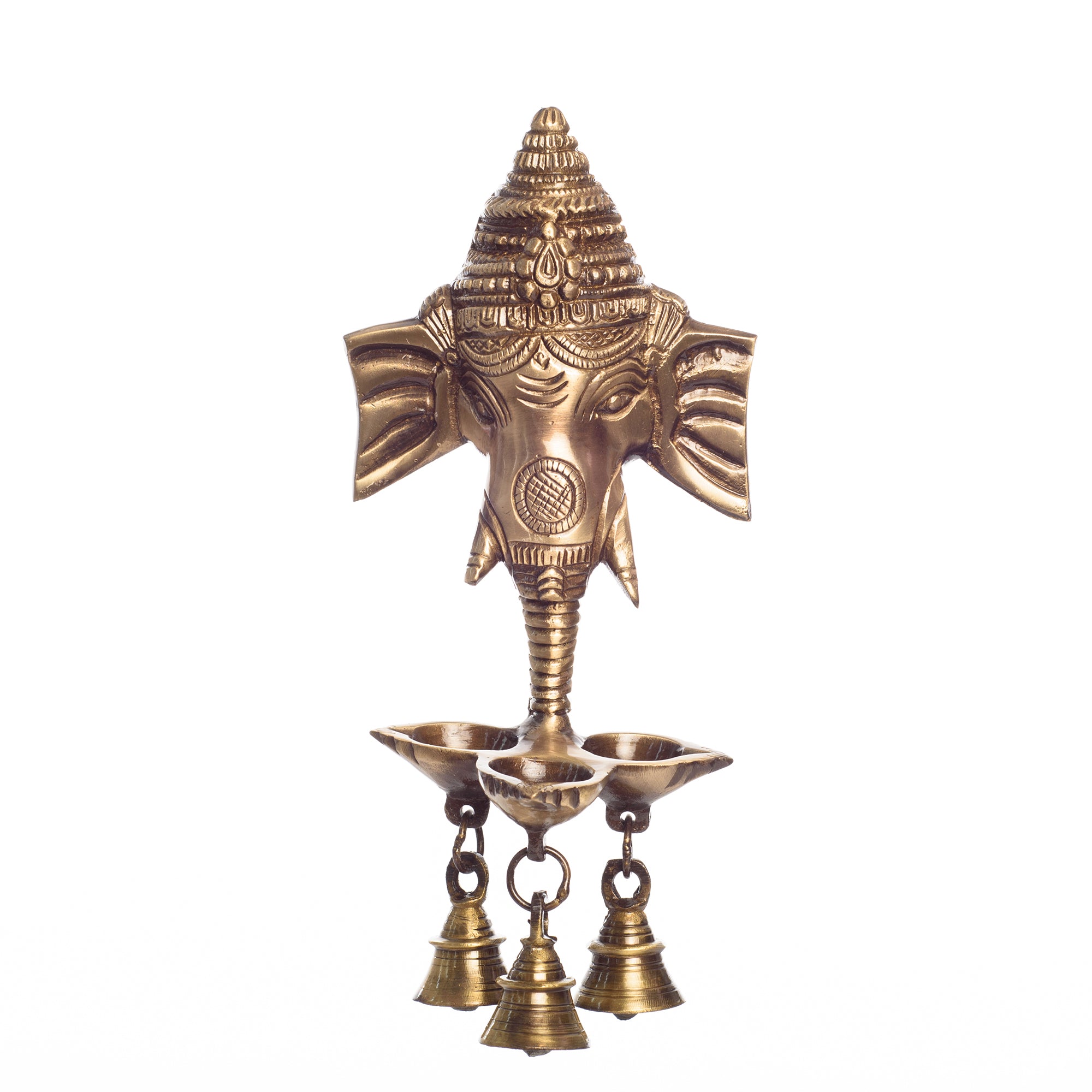 Golden Brass Ganesha Wall Hanging Diya with with Three Wicks and Bells 5