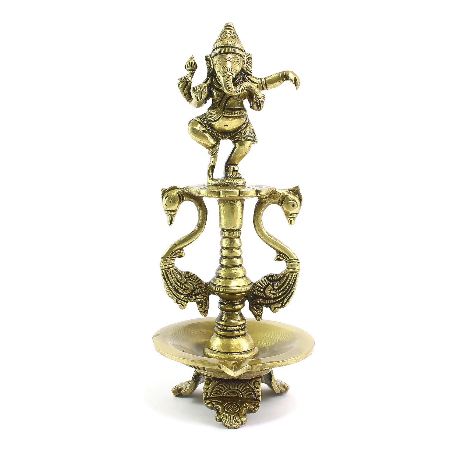 Golden Brass Diya with Lord Ganesha Idol and Peacock Design Stand 1