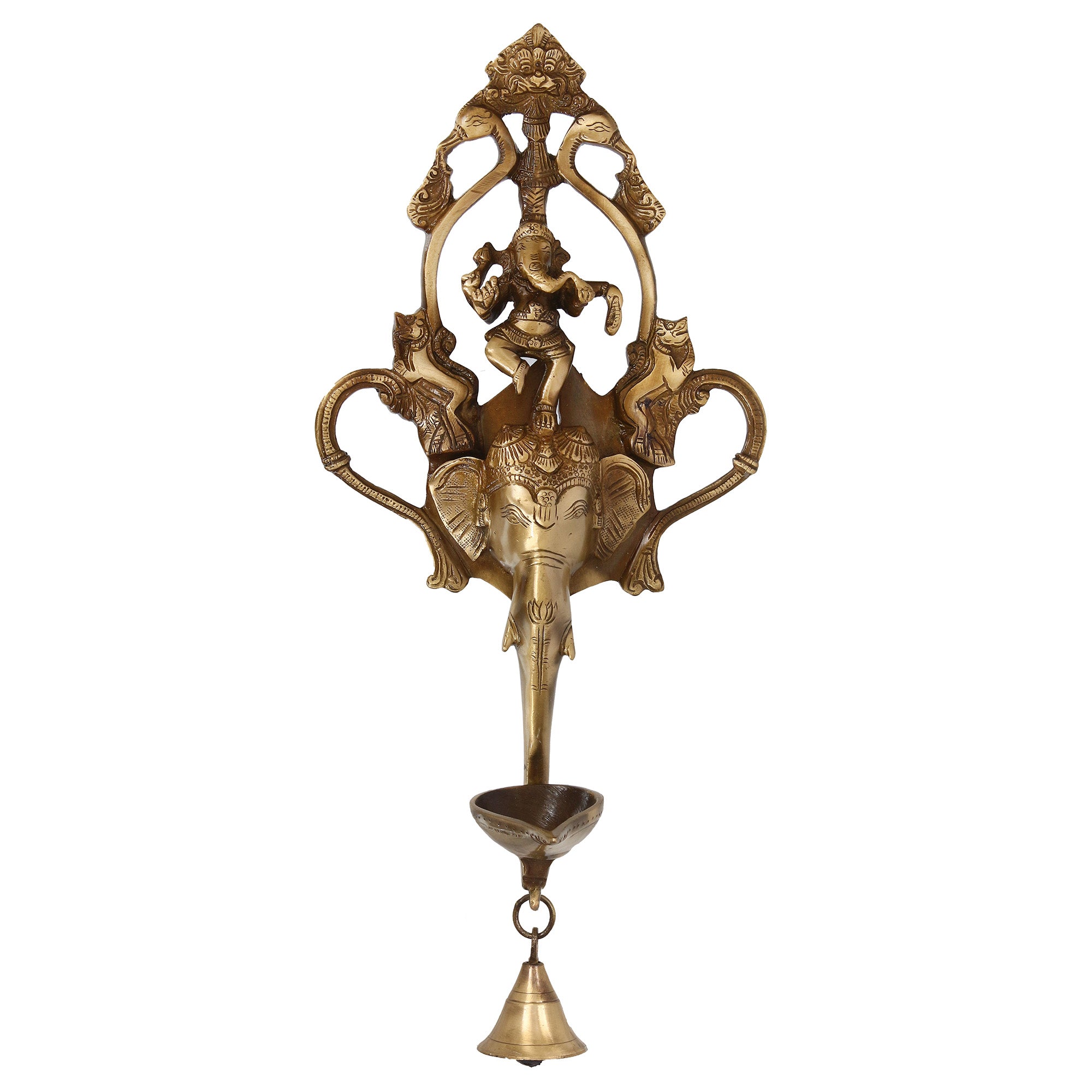 Golden Brass Handcrafted Ganesha wall hanging Diya with bell and Dancing Ganesha Idol 2