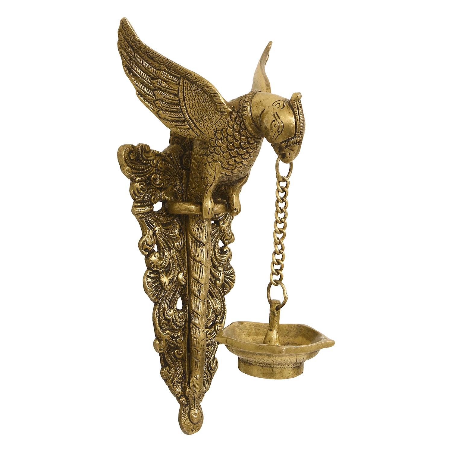 Golden Decorative Handcrafted Parrot Holding Brass wall Hanging Diya for 5 wicks 2