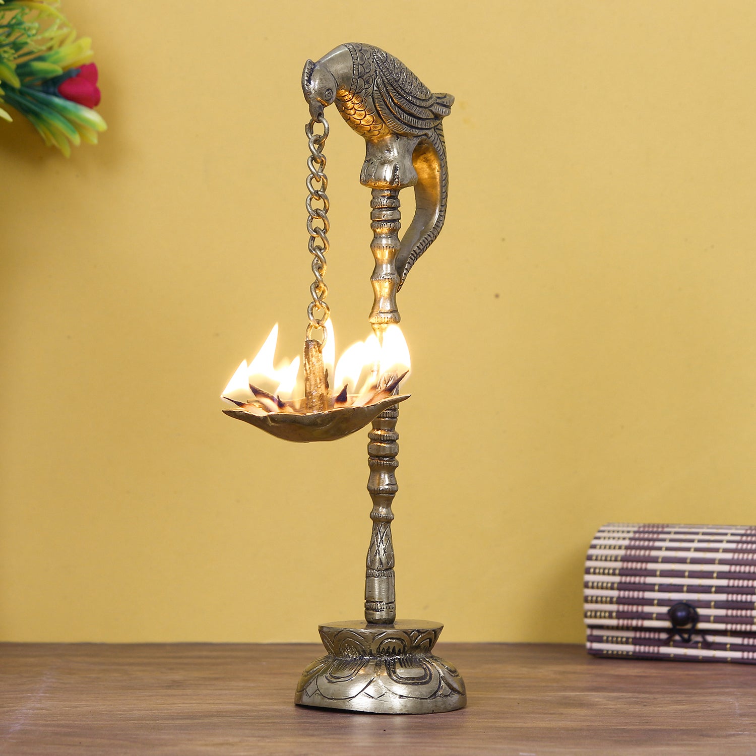 Golden Decorative Handcrafted Parrot Showpiece Brass Diya Stand with 7 wicks