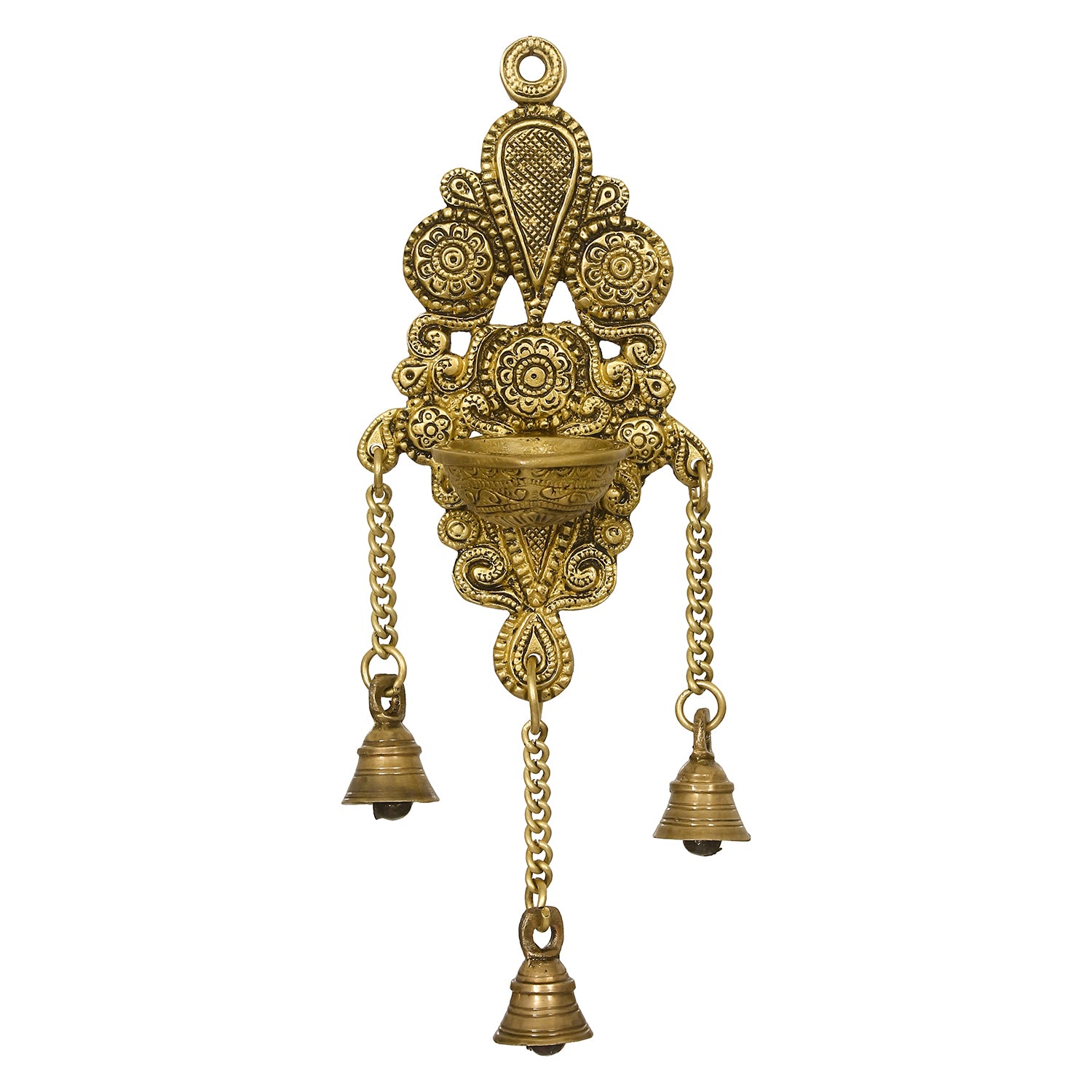 Golden Antique Finish Decorative Handcrafted Brass Wall Hanging Diya with Bells 4
