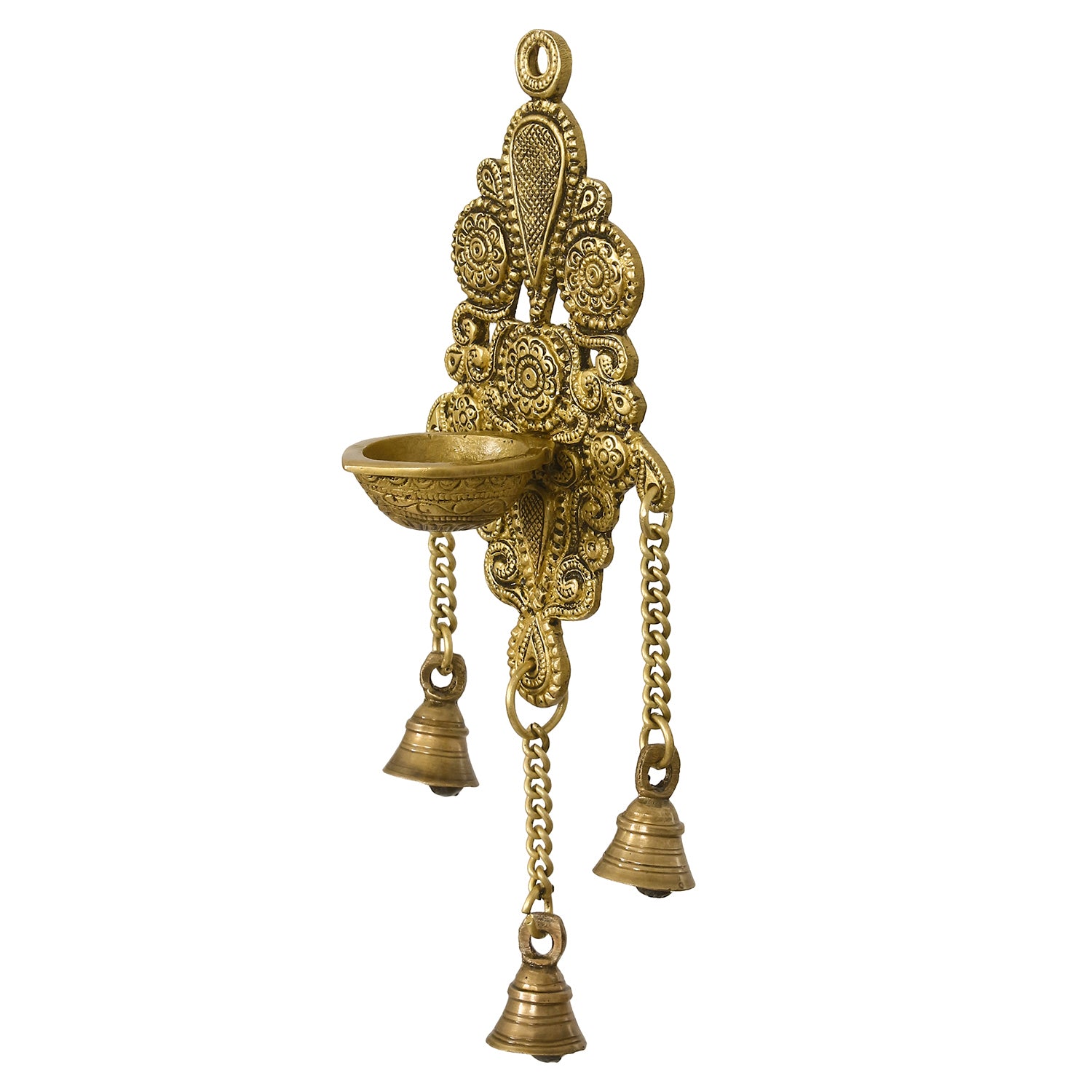Golden Antique Finish Decorative Handcrafted Brass Wall Hanging Diya with Bells 5