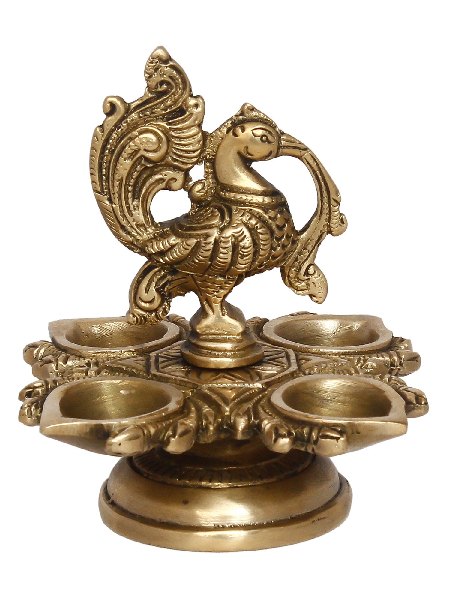 Golden Brass Decorative Handcrafted Peacock Showpiece with Diya for 4 Wicks 2