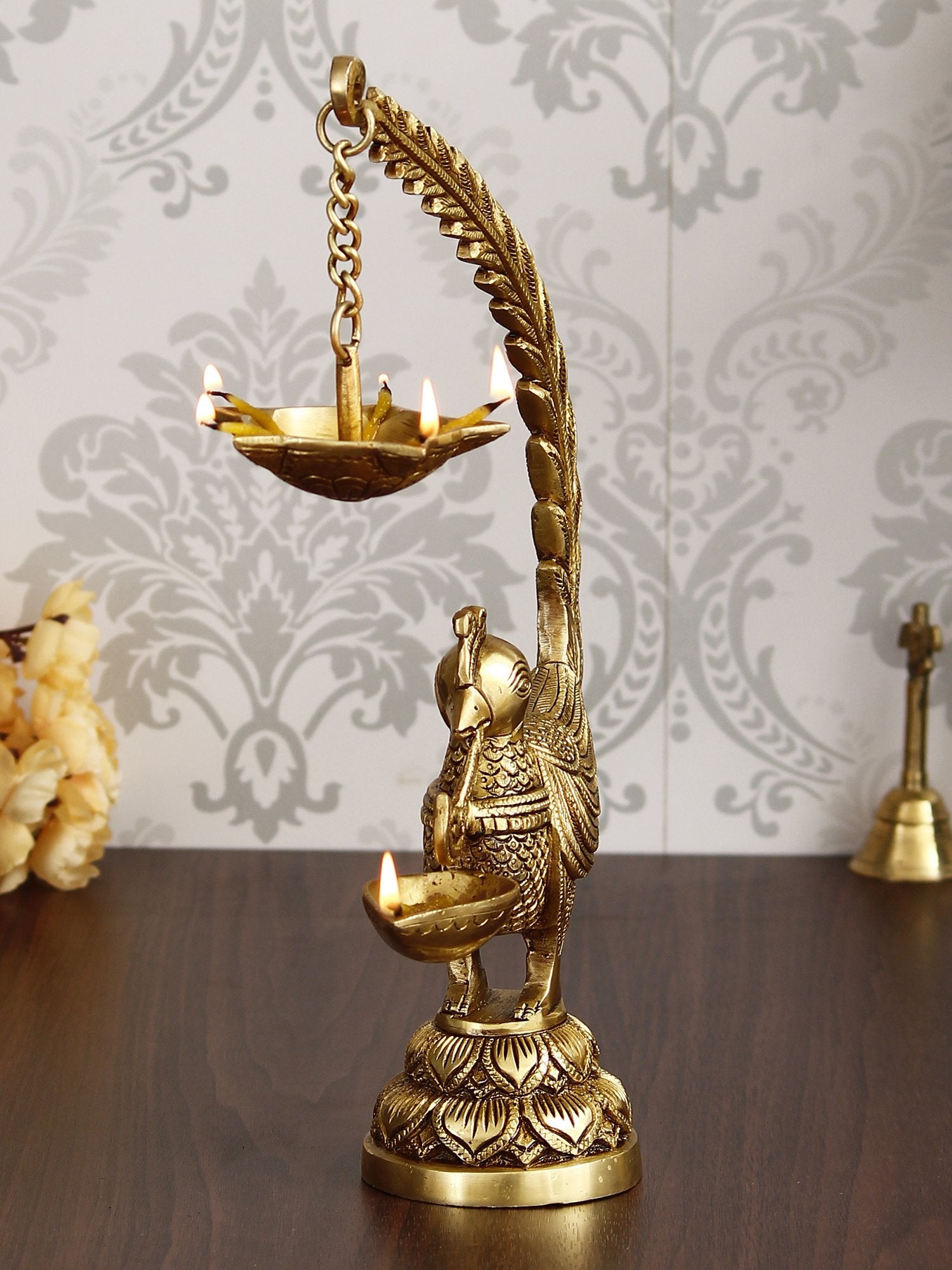 Golden Brass Decorative Handcrafted Peacock Showpiece with Diya for 6 Wicks 1