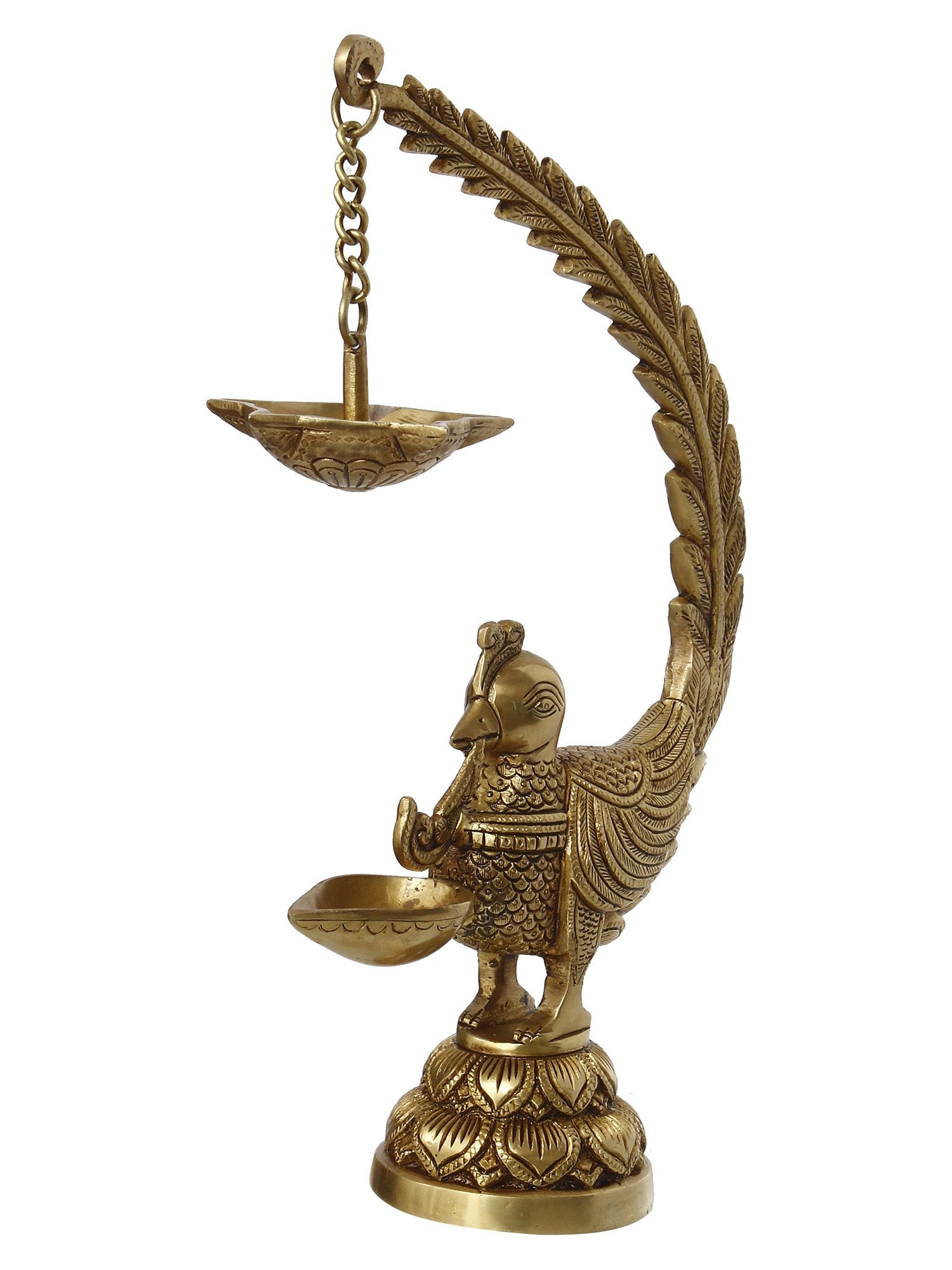 Golden Brass Decorative Handcrafted Peacock Showpiece with Diya for 6 Wicks 4