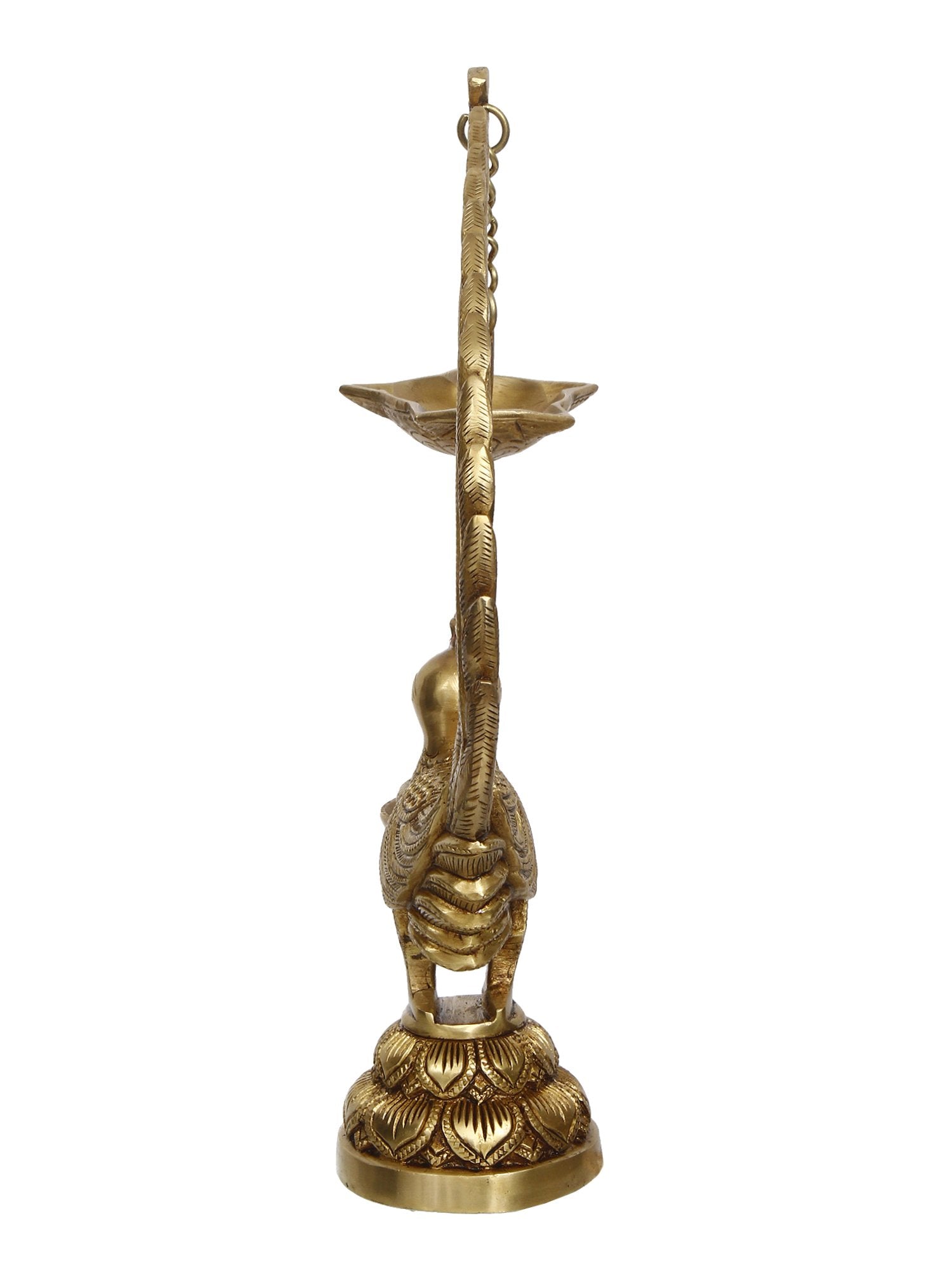 Golden Brass Decorative Handcrafted Peacock Showpiece with Diya for 6 Wicks 5