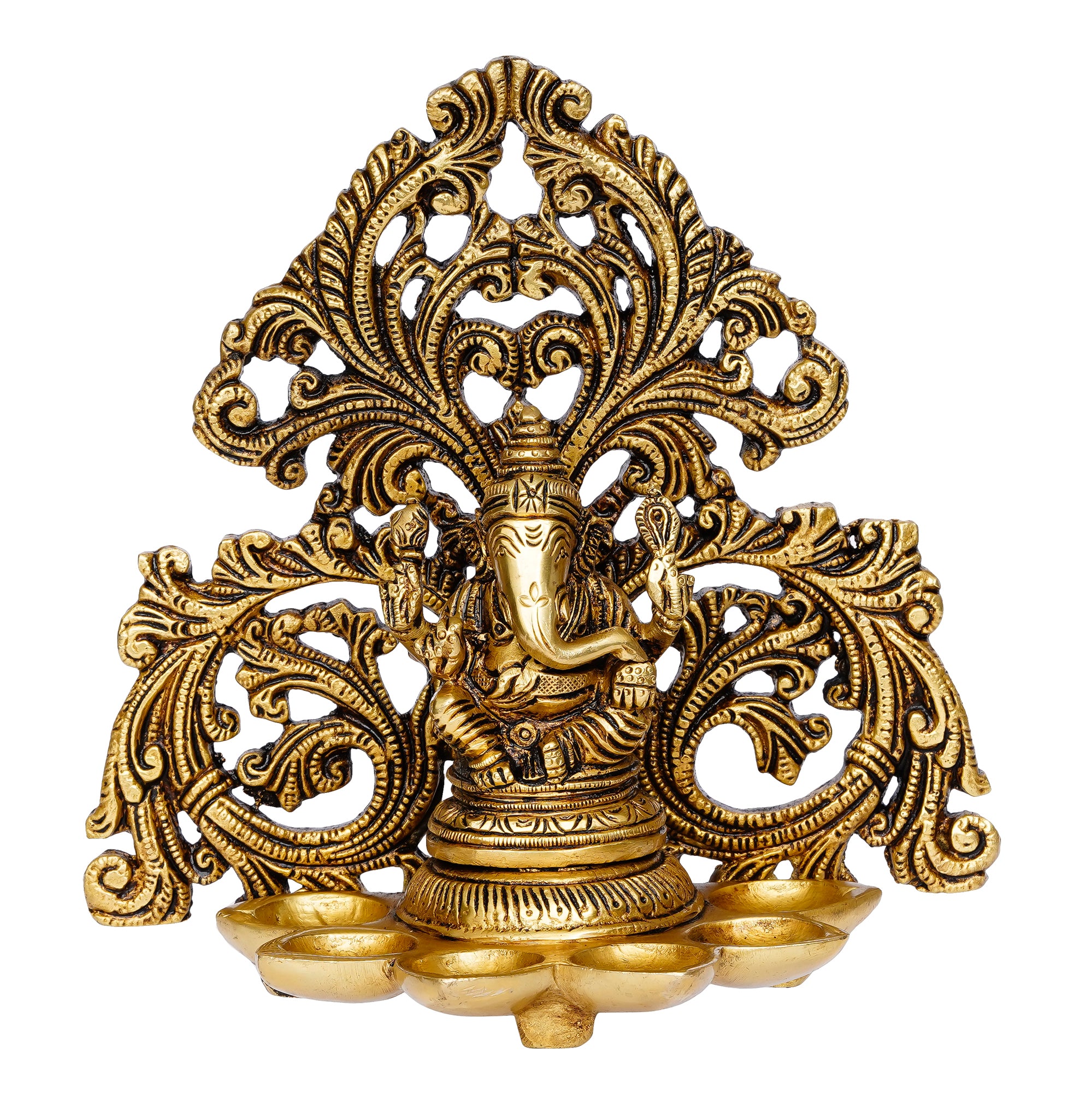 Golden Brass Handcrafted Lord Ganesha Idol with Diya for 6 Wicks 2