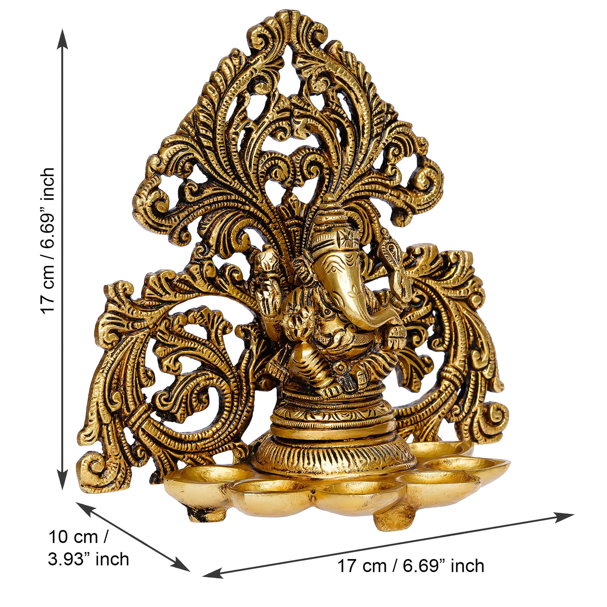Golden Brass Handcrafted Lord Ganesha Idol with Diya for 6 Wicks 3