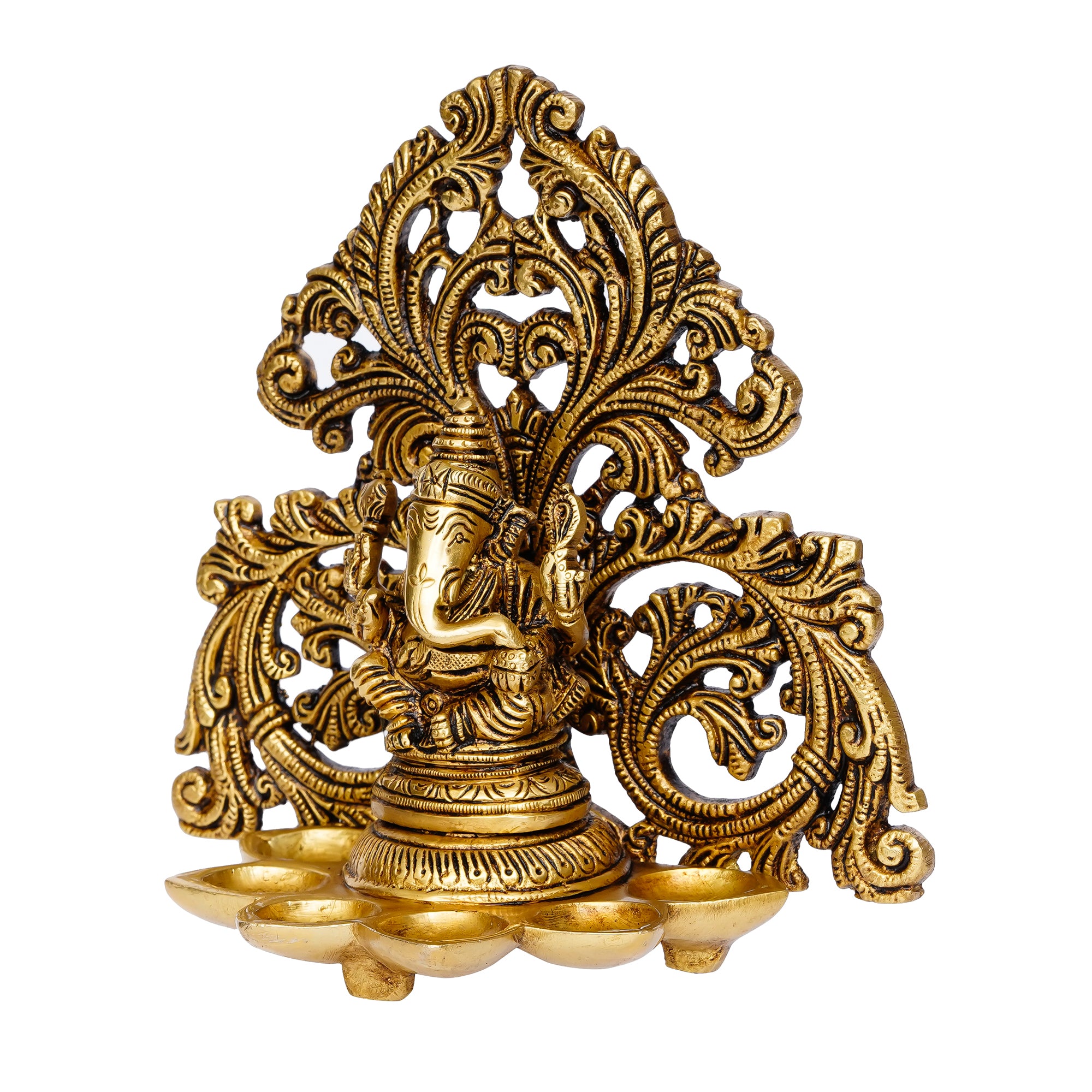 Golden Brass Handcrafted Lord Ganesha Idol with Diya for 6 Wicks 4