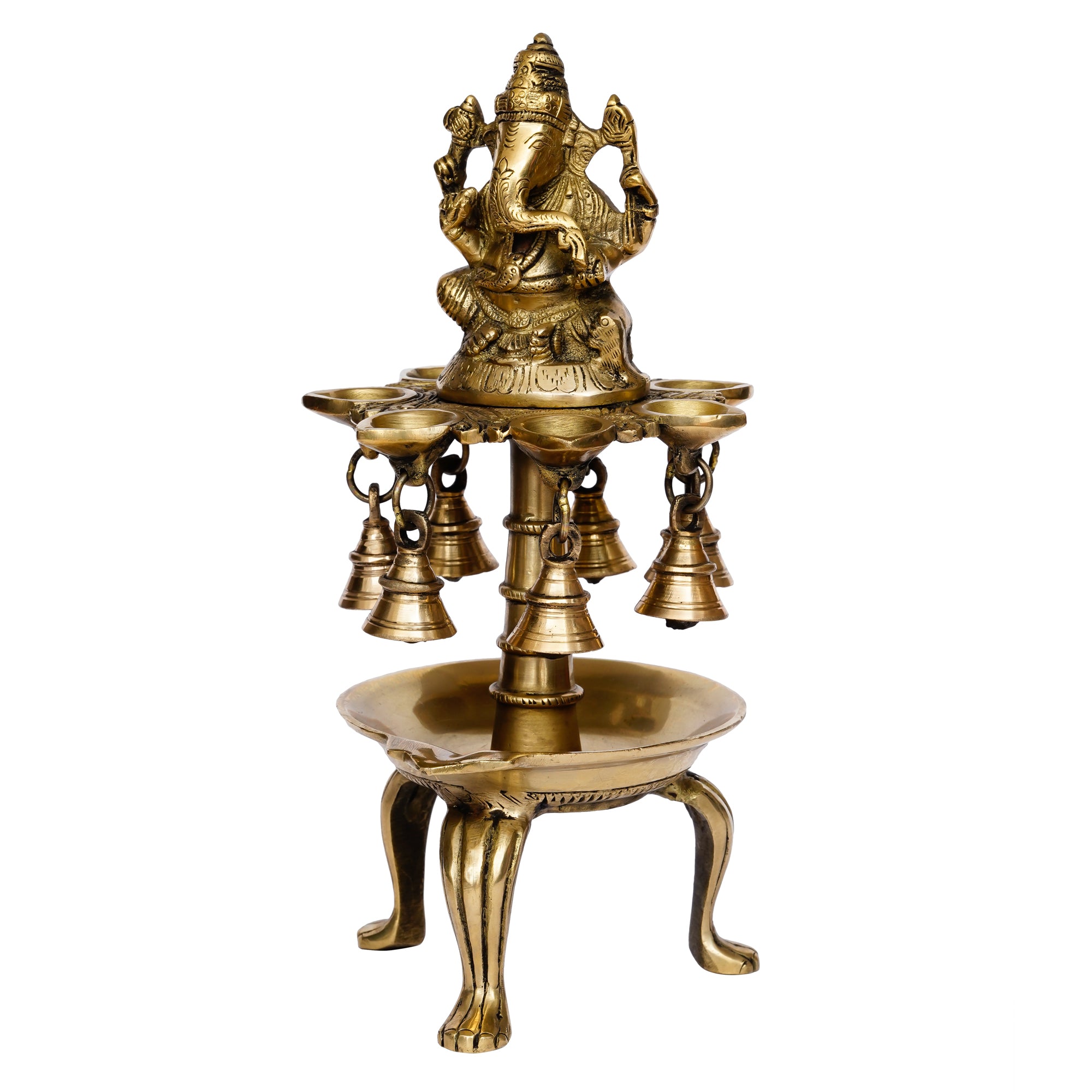 Golden Brass Handcrafted Lord Ganesha Idol with 8 Wicks Oil Diya and 7 Bells 4