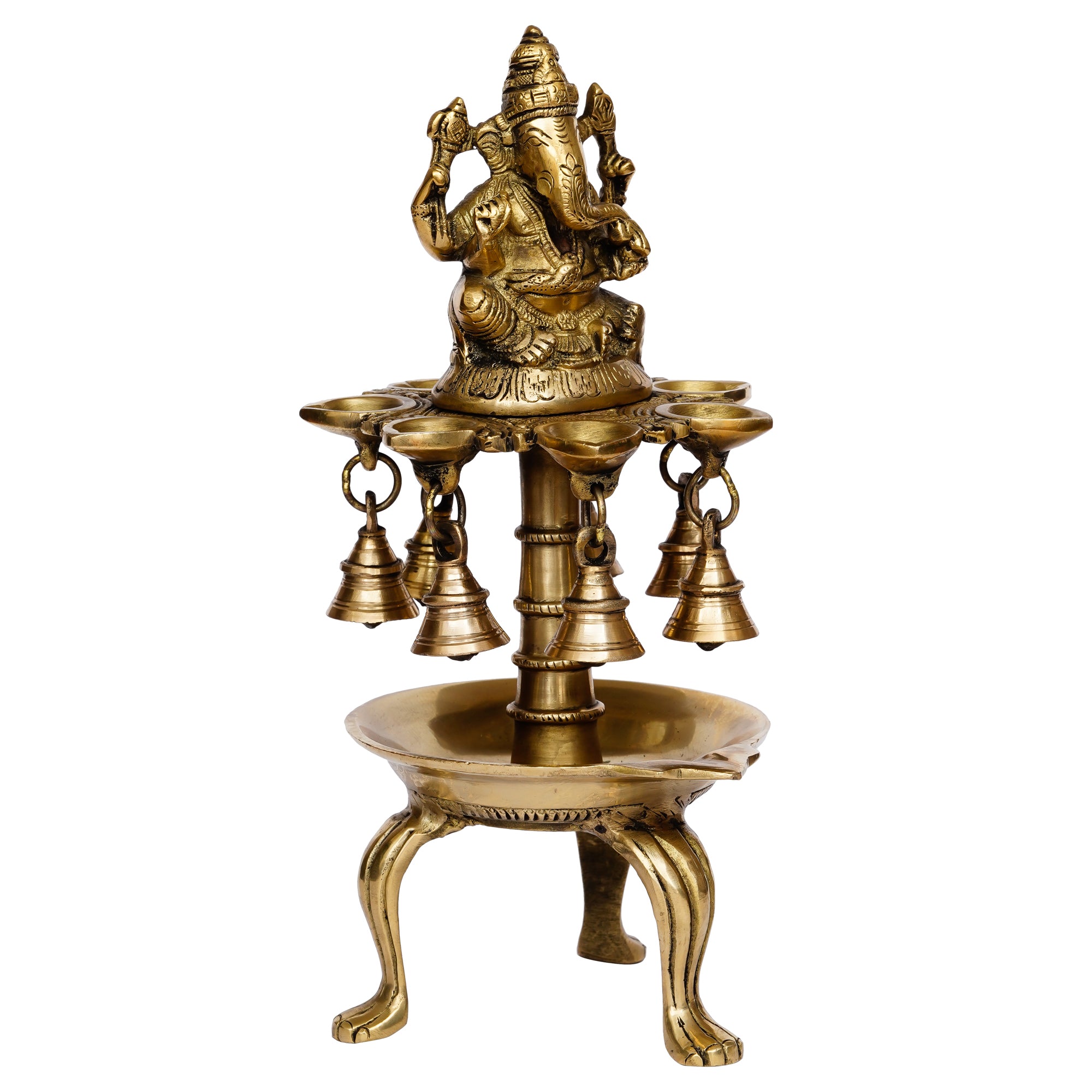 Golden Brass Handcrafted Lord Ganesha Idol with 8 Wicks Oil Diya and 7 Bells 5