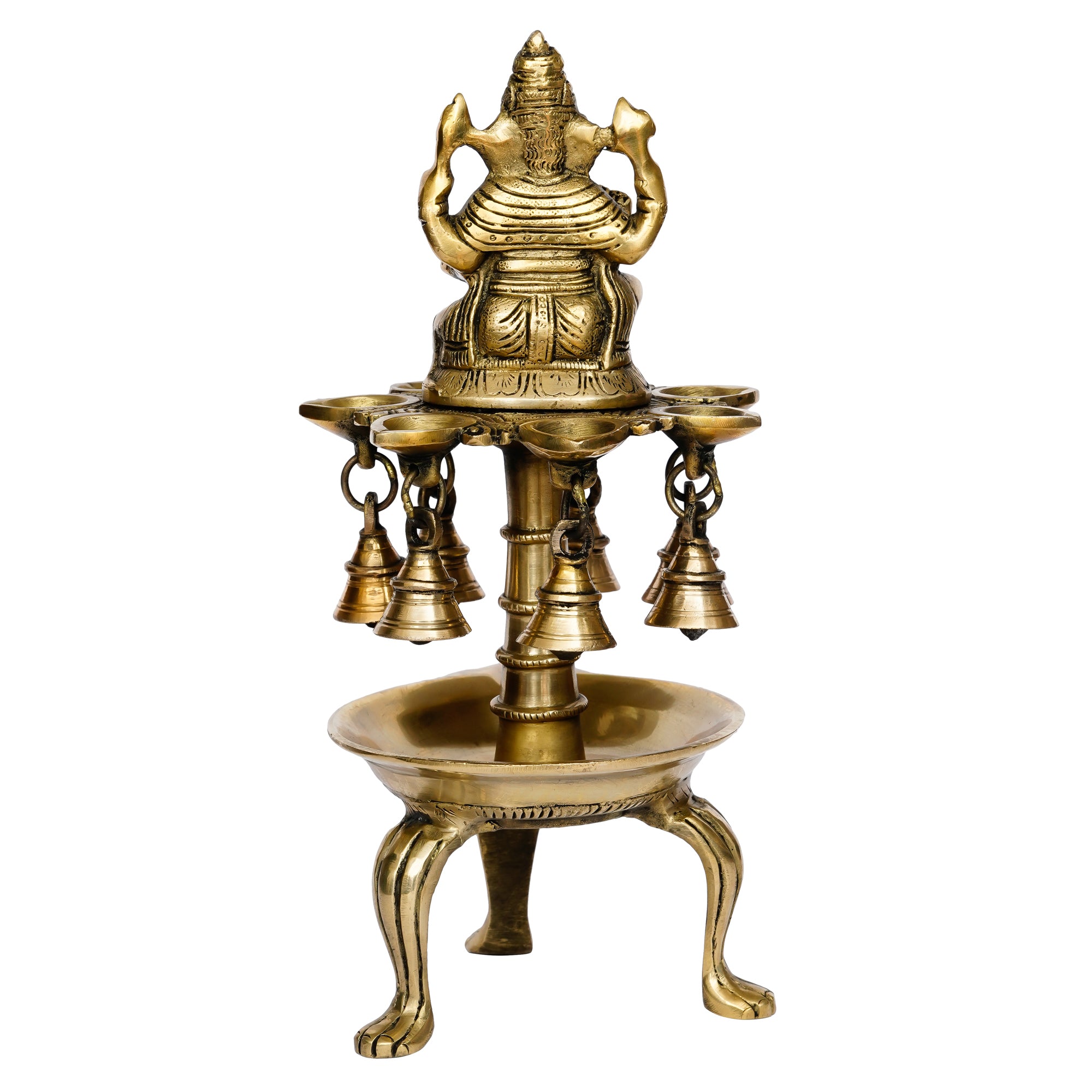Golden Brass Handcrafted Lord Ganesha Idol with 8 Wicks Oil Diya and 7 Bells 6