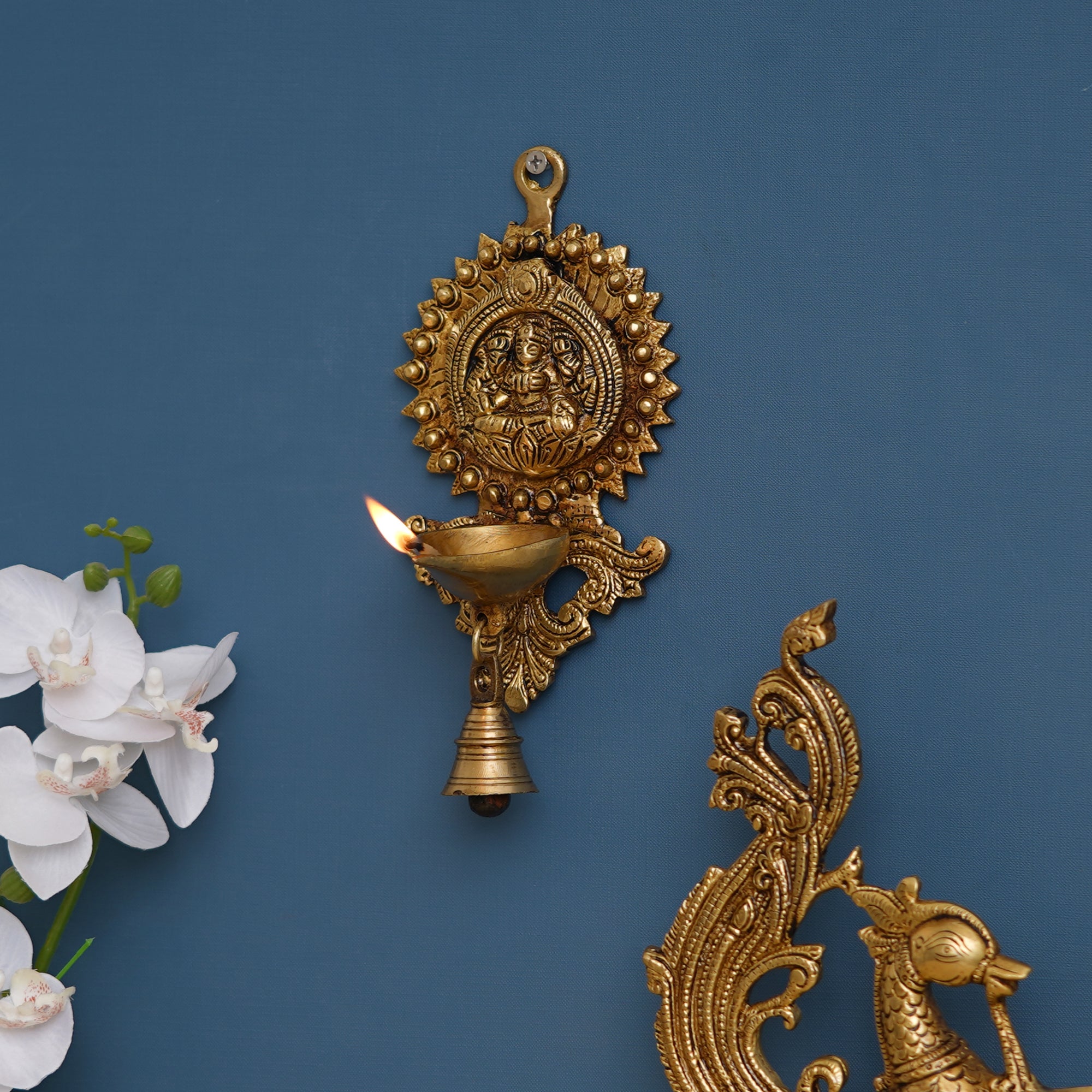 Golden Decorative Handcrafted Brass Wall Hanging Diya with Bell
