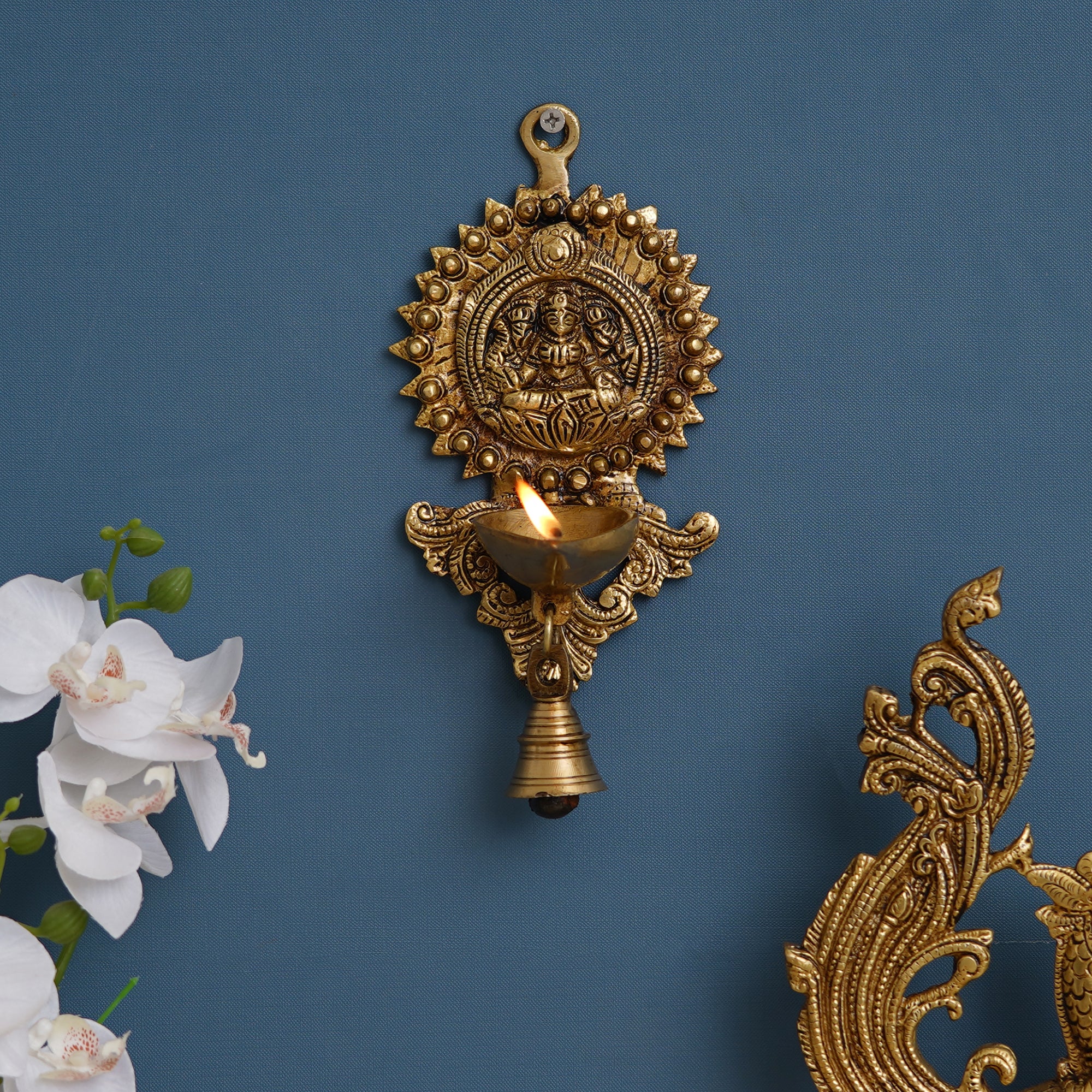 Golden Decorative Handcrafted Brass Wall Hanging Diya with Bell 1