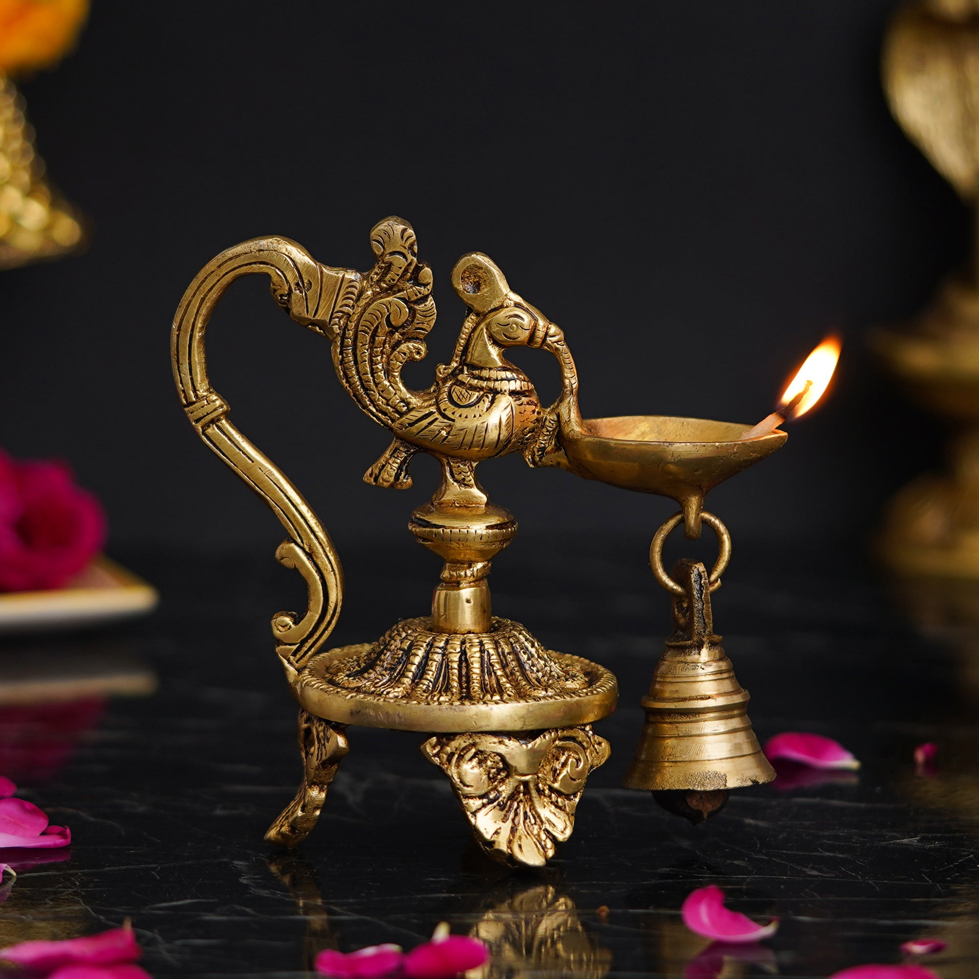 Golden Decorative Handcrafted Peacock Brass Showpiece with Diya Stand with Bell