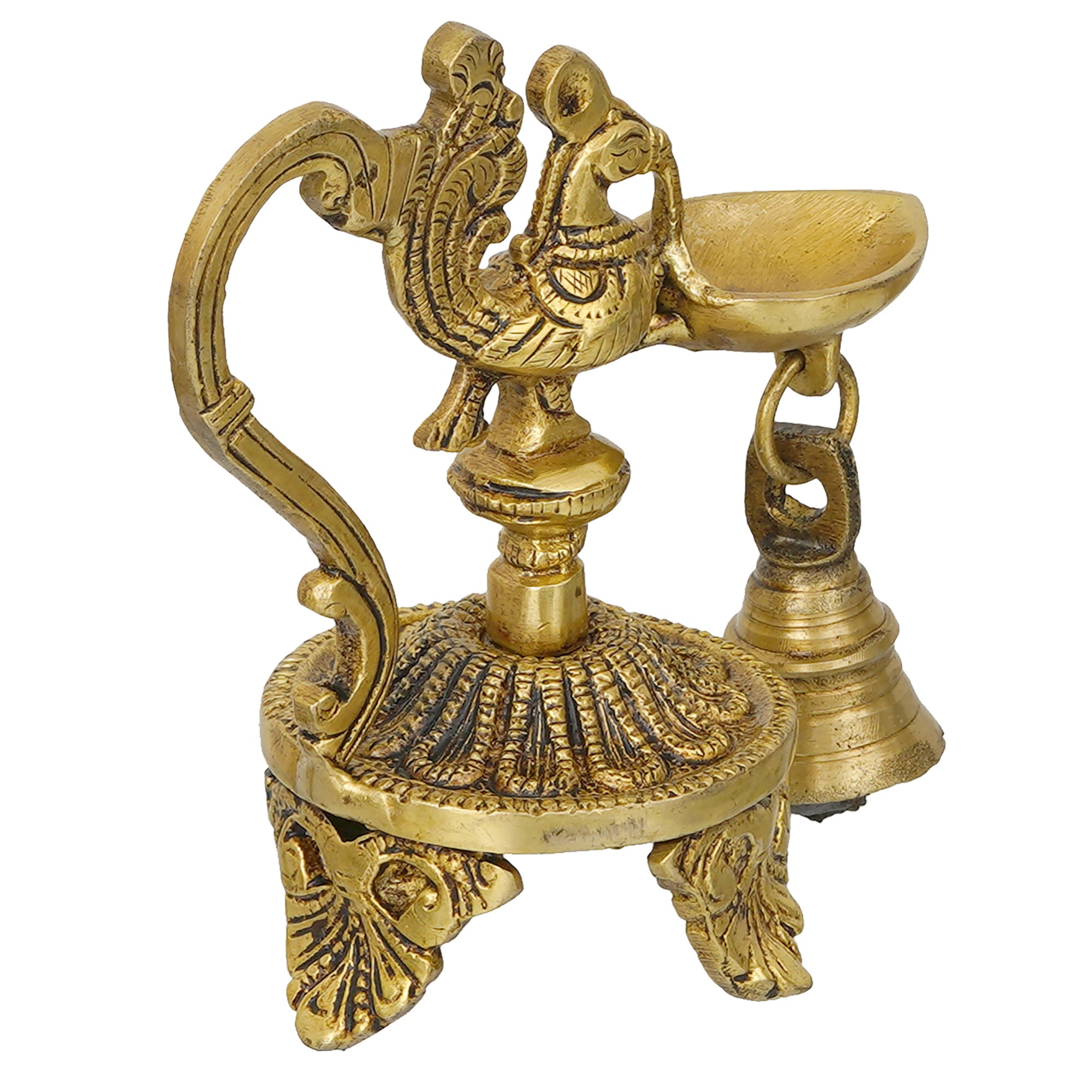 Golden Decorative Handcrafted Peacock Brass Showpiece with Diya Stand with Bell 5