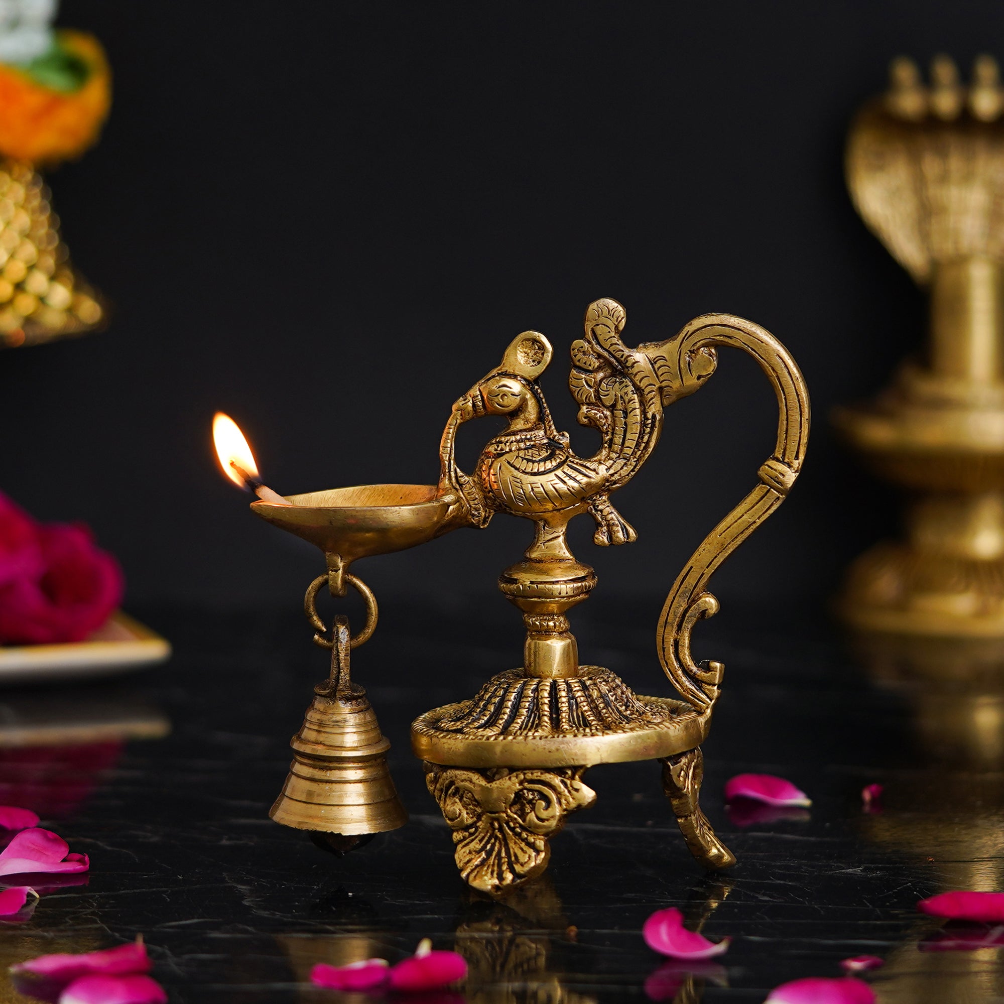 Golden Decorative Handcrafted Peacock Brass Showpiece with Diya Stand with Bell 7