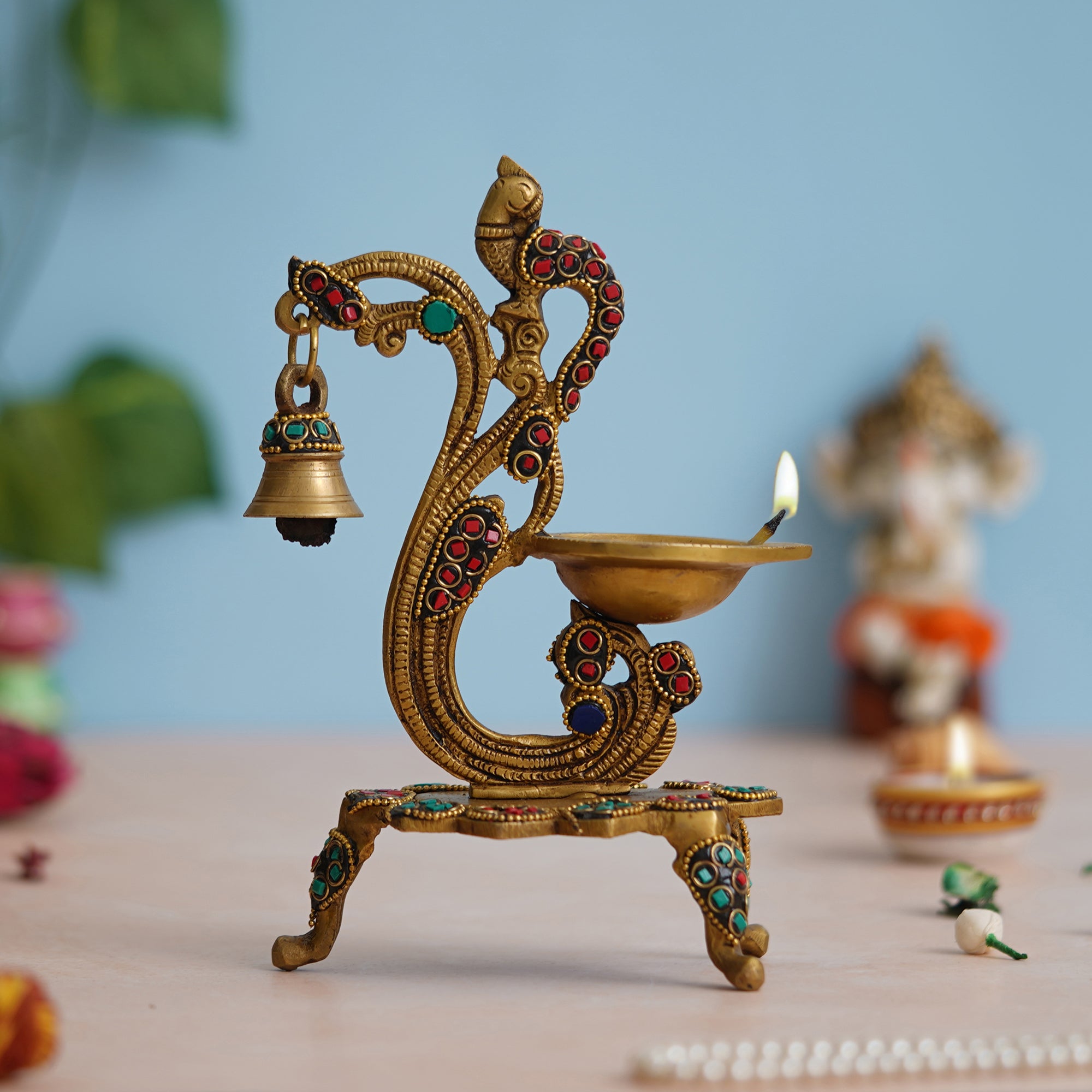 eCraftIndia Traditional Golden Peacock designer Brass Diya with Bell & Stand