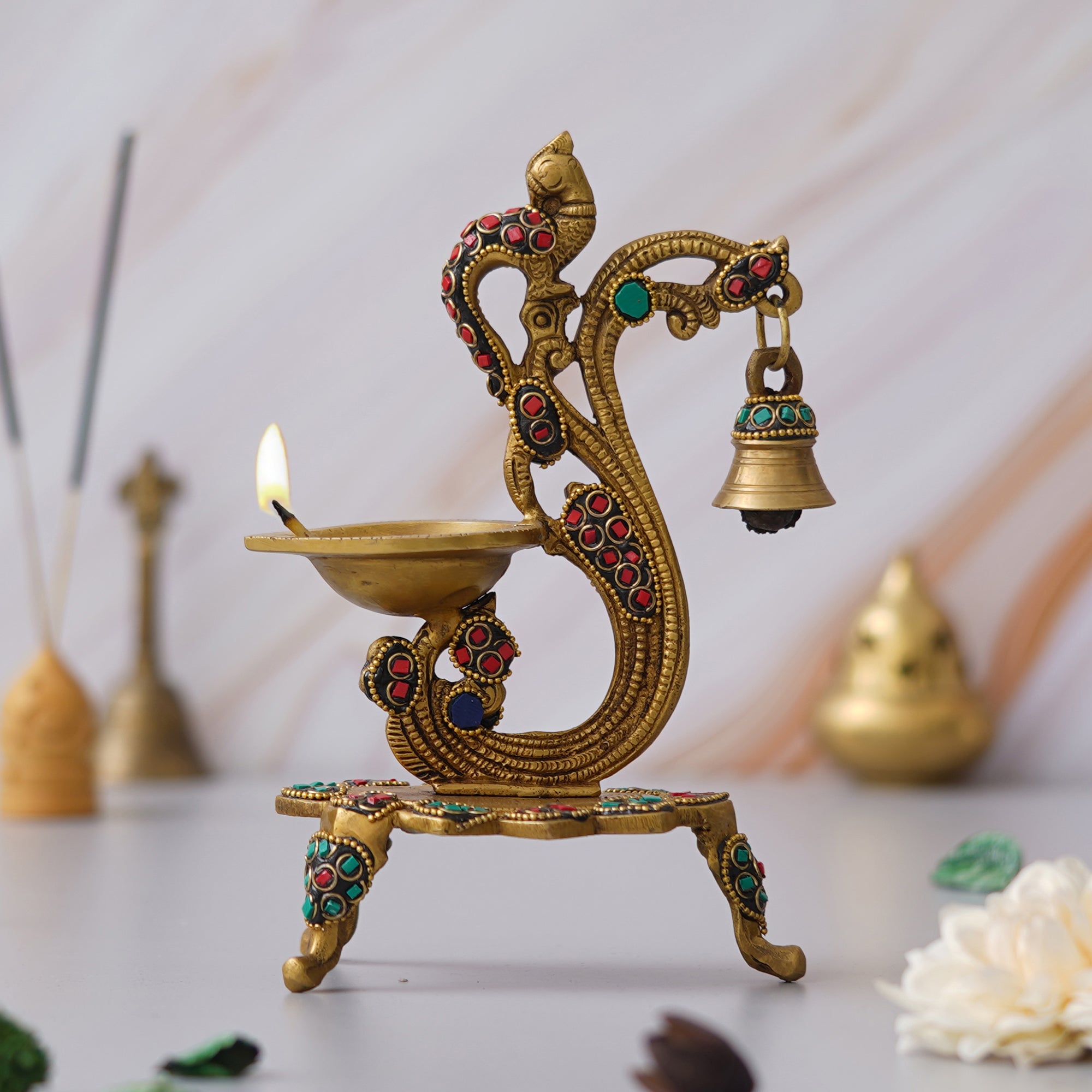 eCraftIndia Traditional Golden Peacock designer Brass Diya with Bell & Stand 1