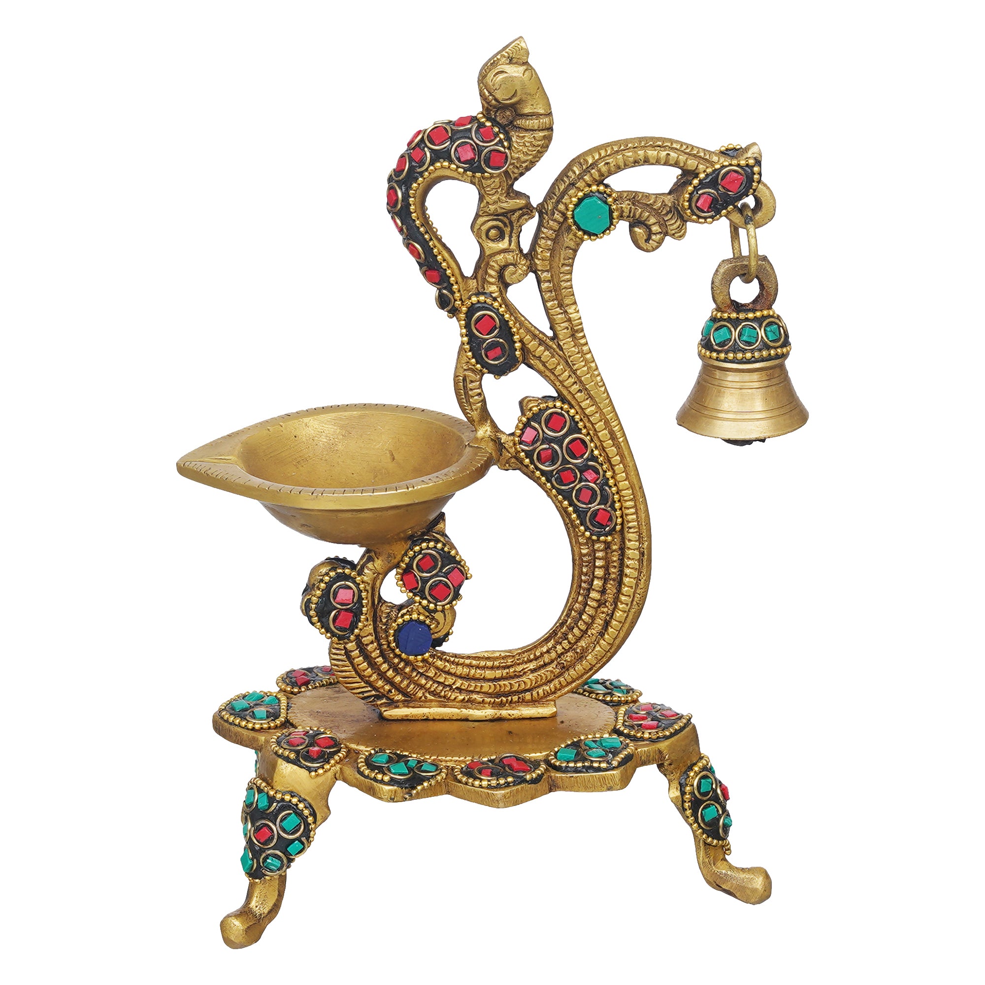 eCraftIndia Traditional Golden Peacock designer Brass Diya with Bell & Stand 2