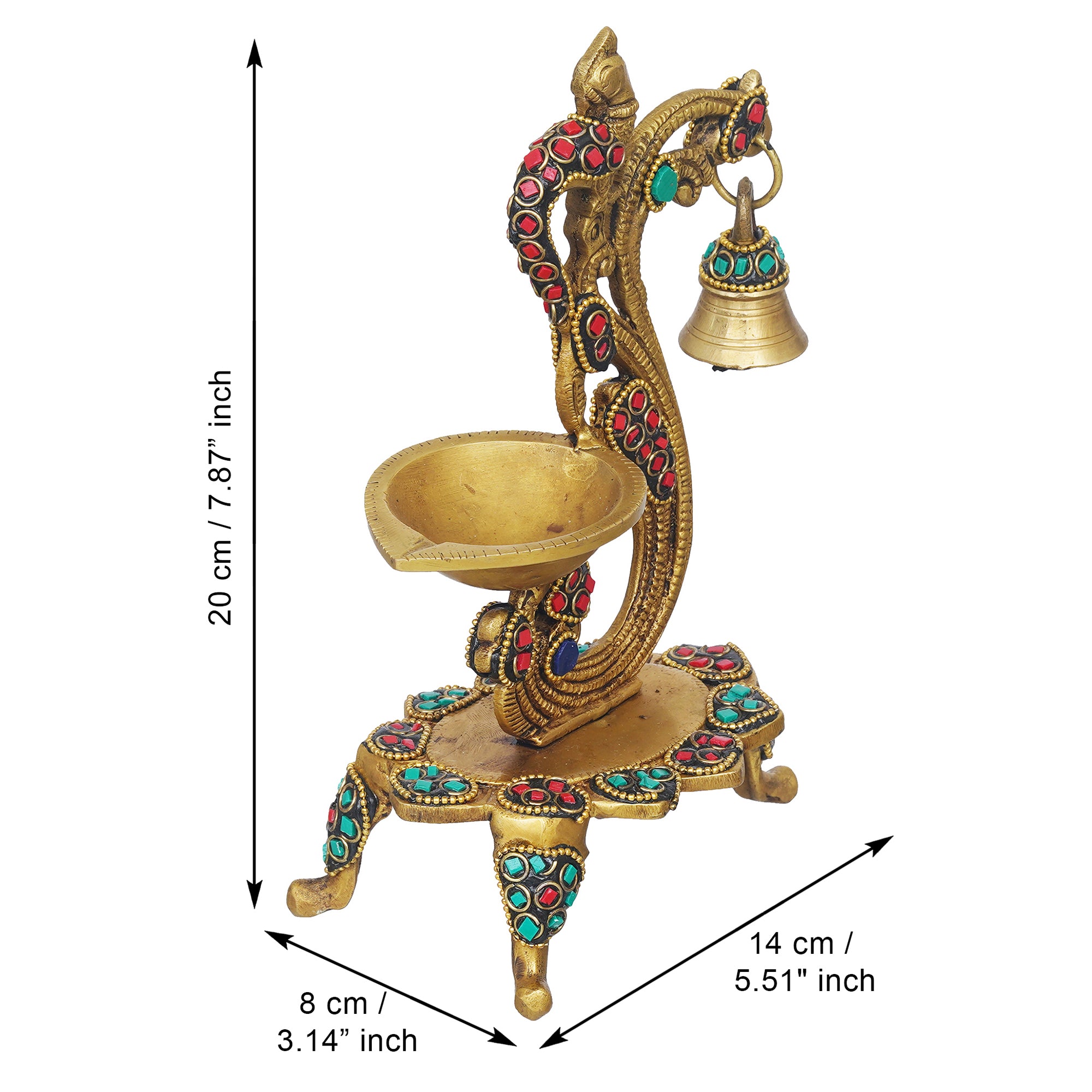 eCraftIndia Traditional Golden Peacock designer Brass Diya with Bell & Stand 3