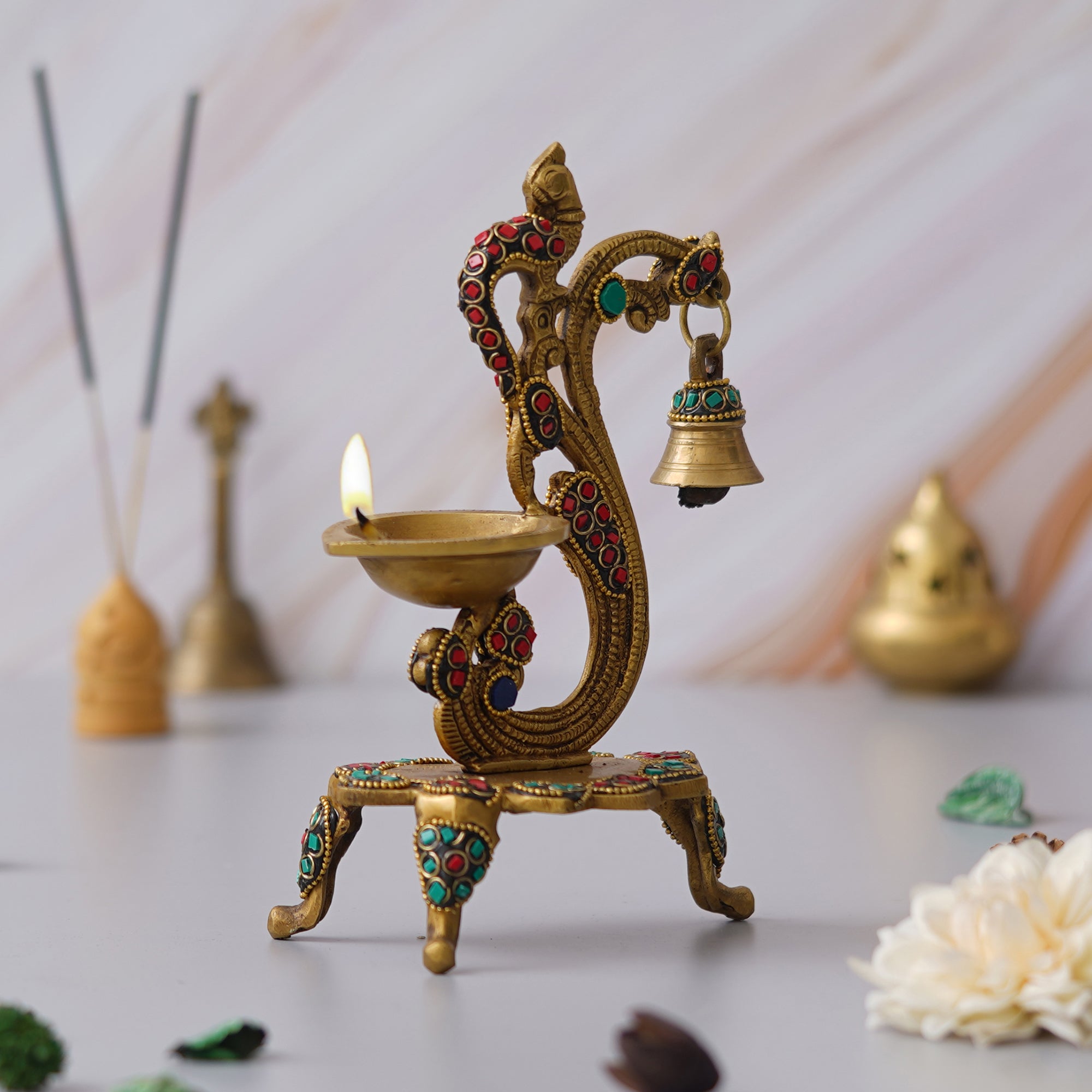 eCraftIndia Traditional Golden Peacock designer Brass Diya with Bell & Stand 4